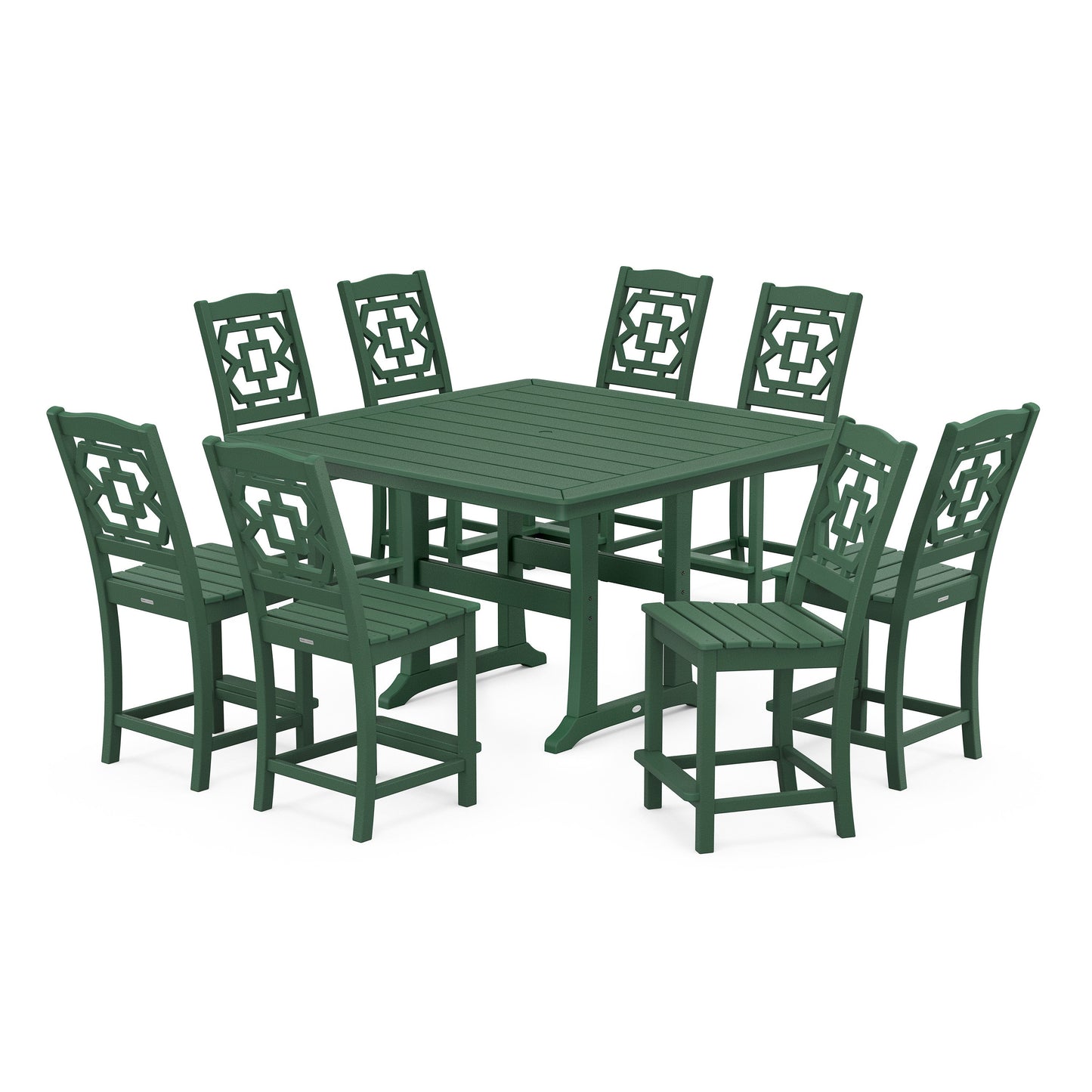 POLYWOOD Chinoiserie 9-Piece Square Side Chair Counter Set with Trestle Legs — Green