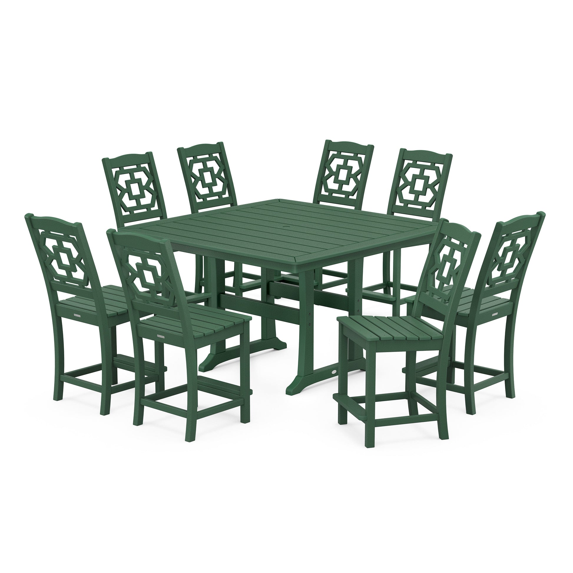 POLYWOOD Chinoiserie 9-Piece Square Side Chair Counter Set with Trestle Legs — Green