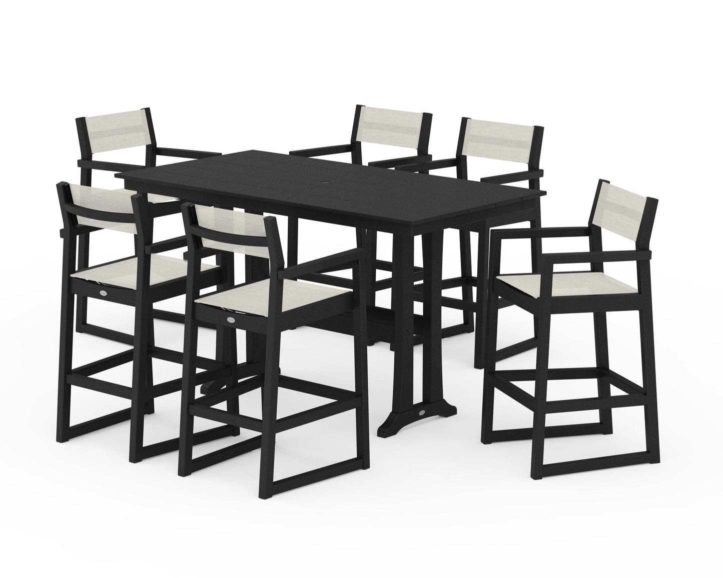 POLYWOOD EDGE Sling Arm Chair 7-Piece Farmhouse Bar Set with Trestle Legs — Black / Parchment Sling