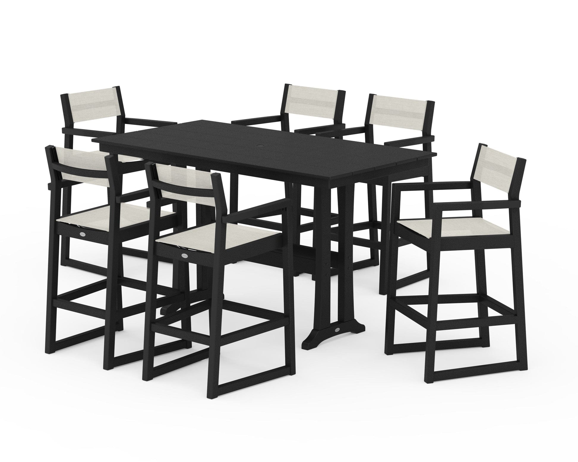 POLYWOOD EDGE Sling Arm Chair 7-Piece Farmhouse Bar Set with Trestle Legs — Black / Parchment Sling