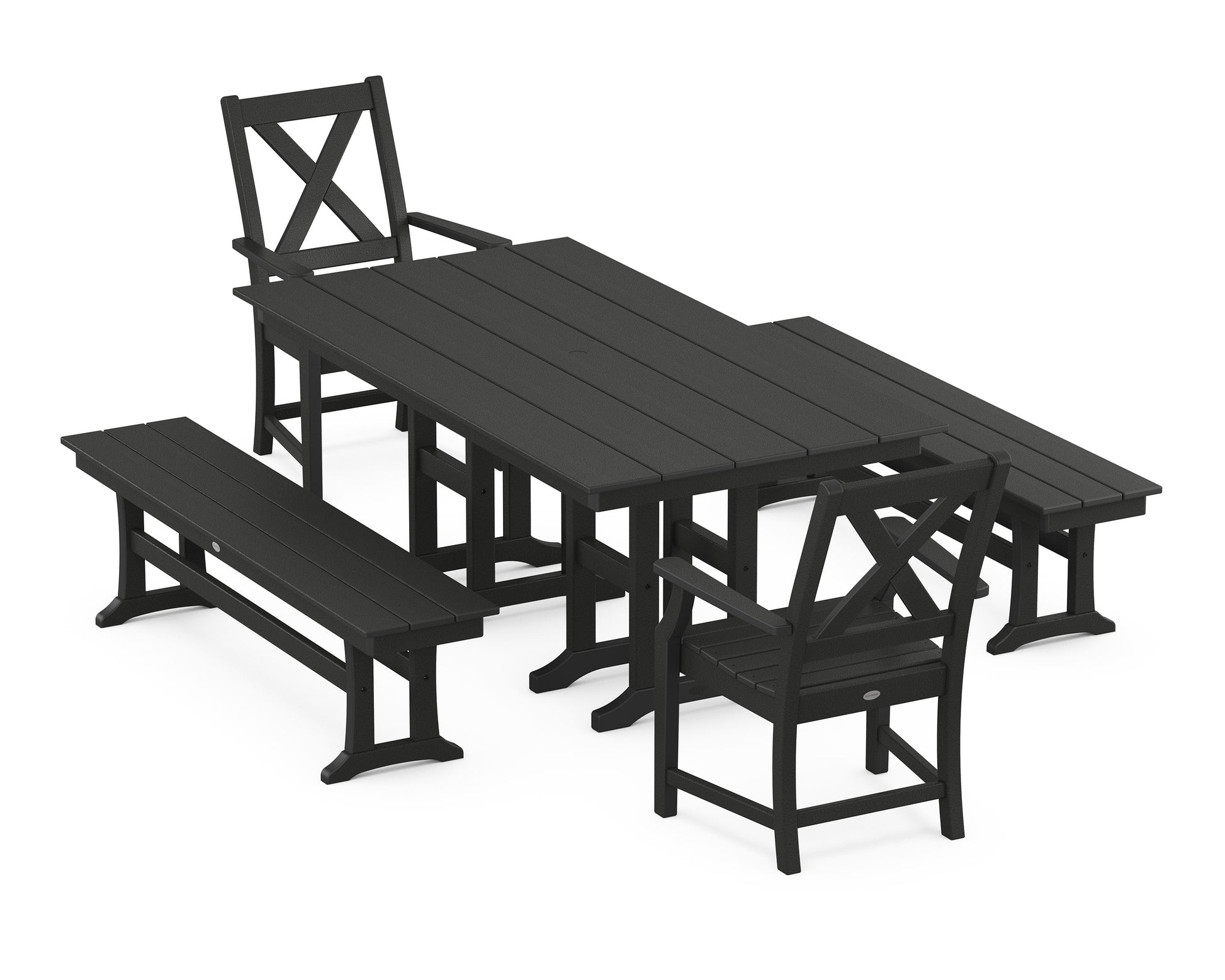 POLYWOOD Braxton 5-Piece Farmhouse Dining Set with Benches — Black