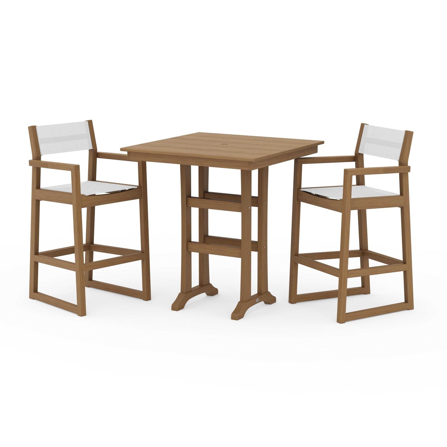 POLYWOOD EDGE Sling Arm Chair 3-Piece Farmhouse Bar Set with Trestle Legs — Natural / White Sling