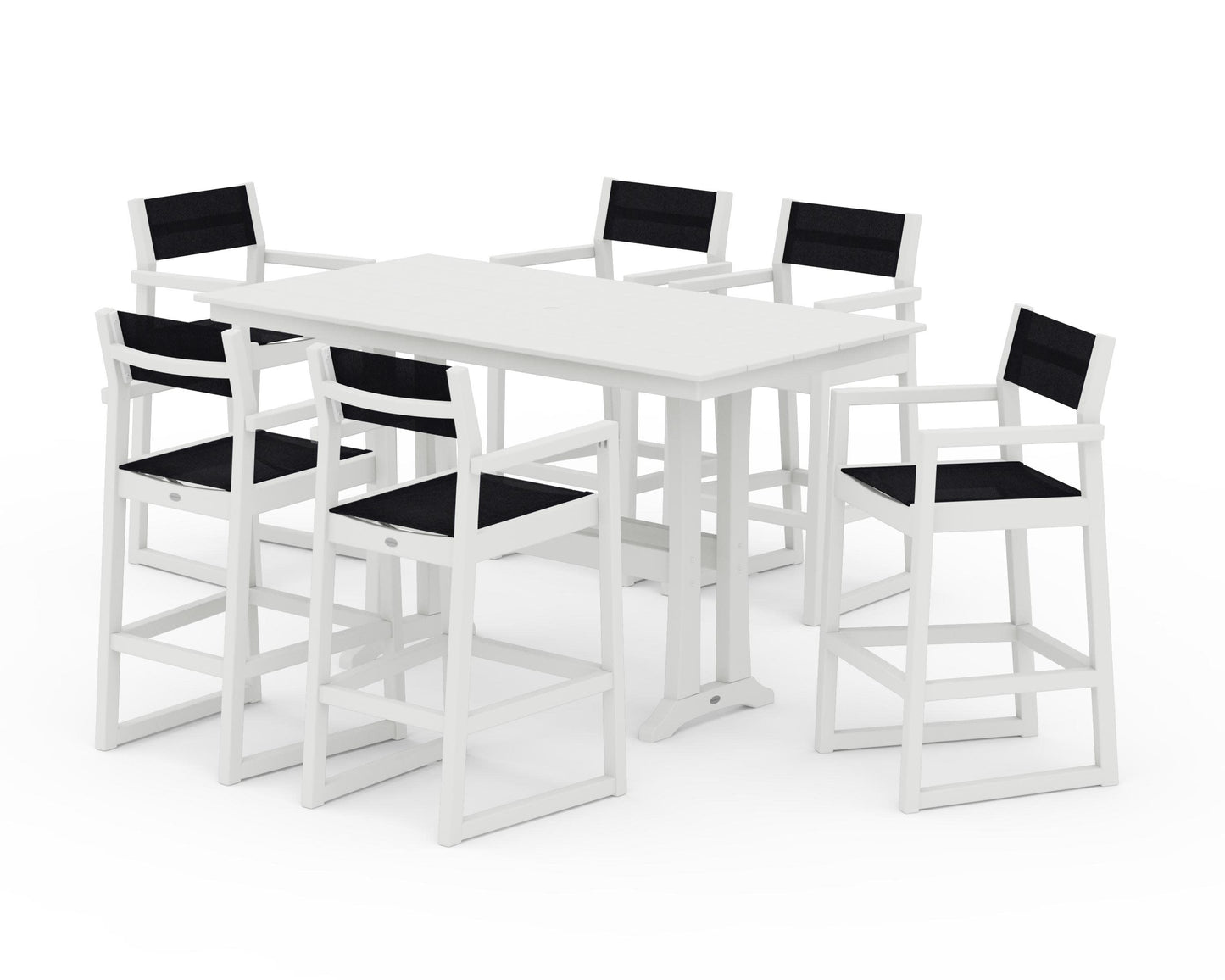 POLYWOOD EDGE Sling Arm Chair 7-Piece Farmhouse Bar Set with Trestle Legs — Vintage White / Black Sling