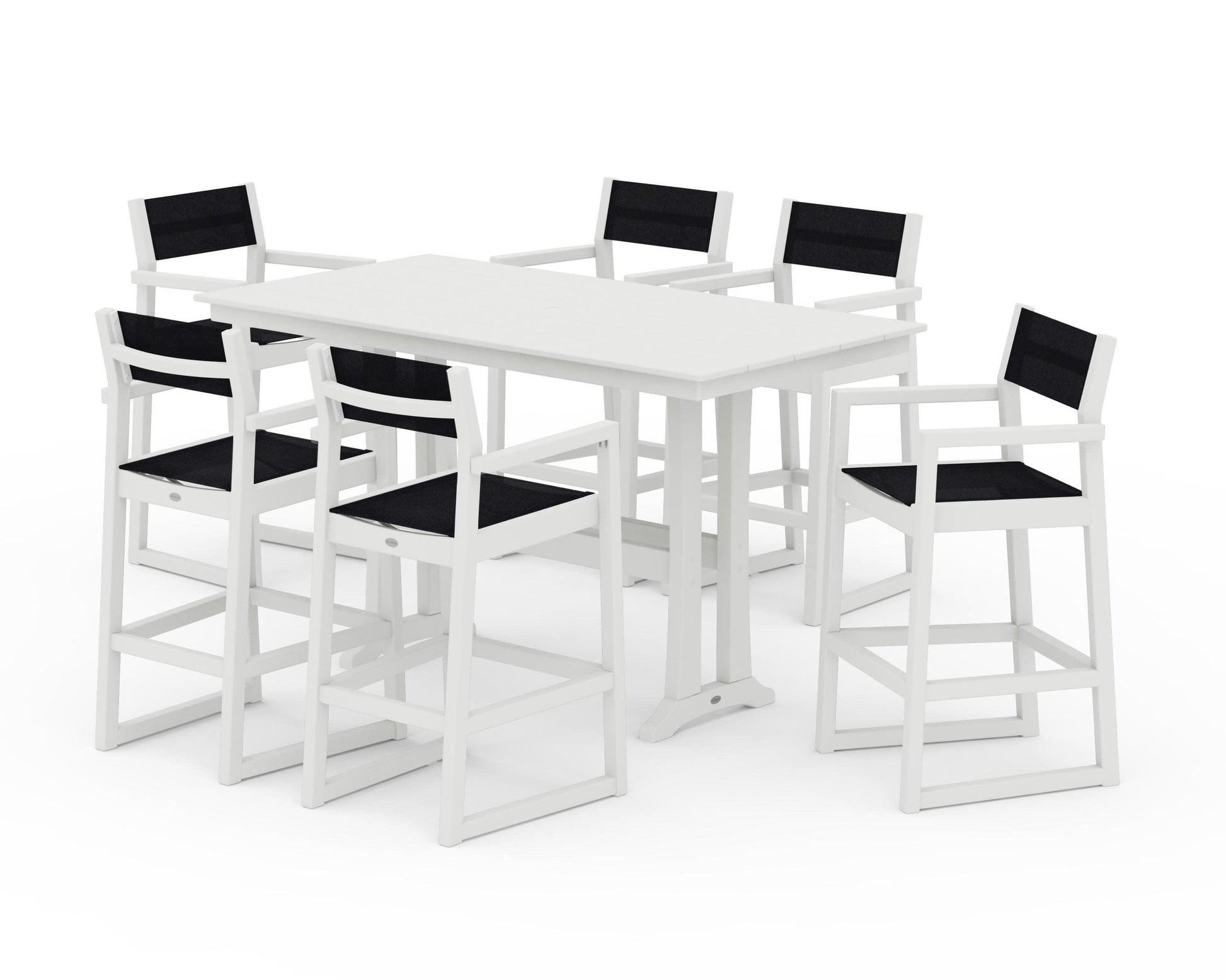 POLYWOOD EDGE Sling Arm Chair 7-Piece Farmhouse Bar Set with Trestle Legs — Vintage White / Black Sling