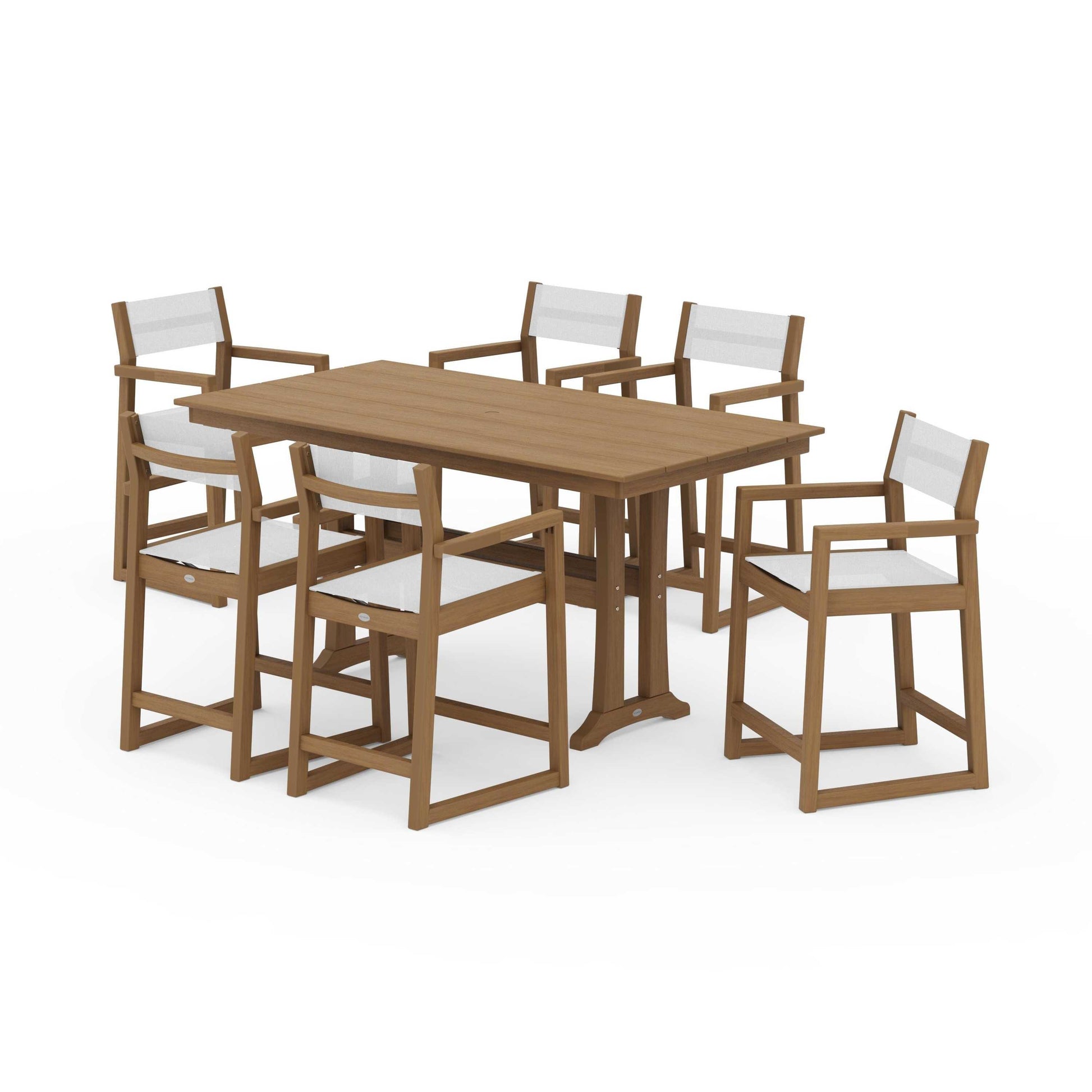 POLYWOOD EDGE Sling Arm Chair 7-Piece Farmhouse Counter Set with Trestle Legs — Natural / White Sling