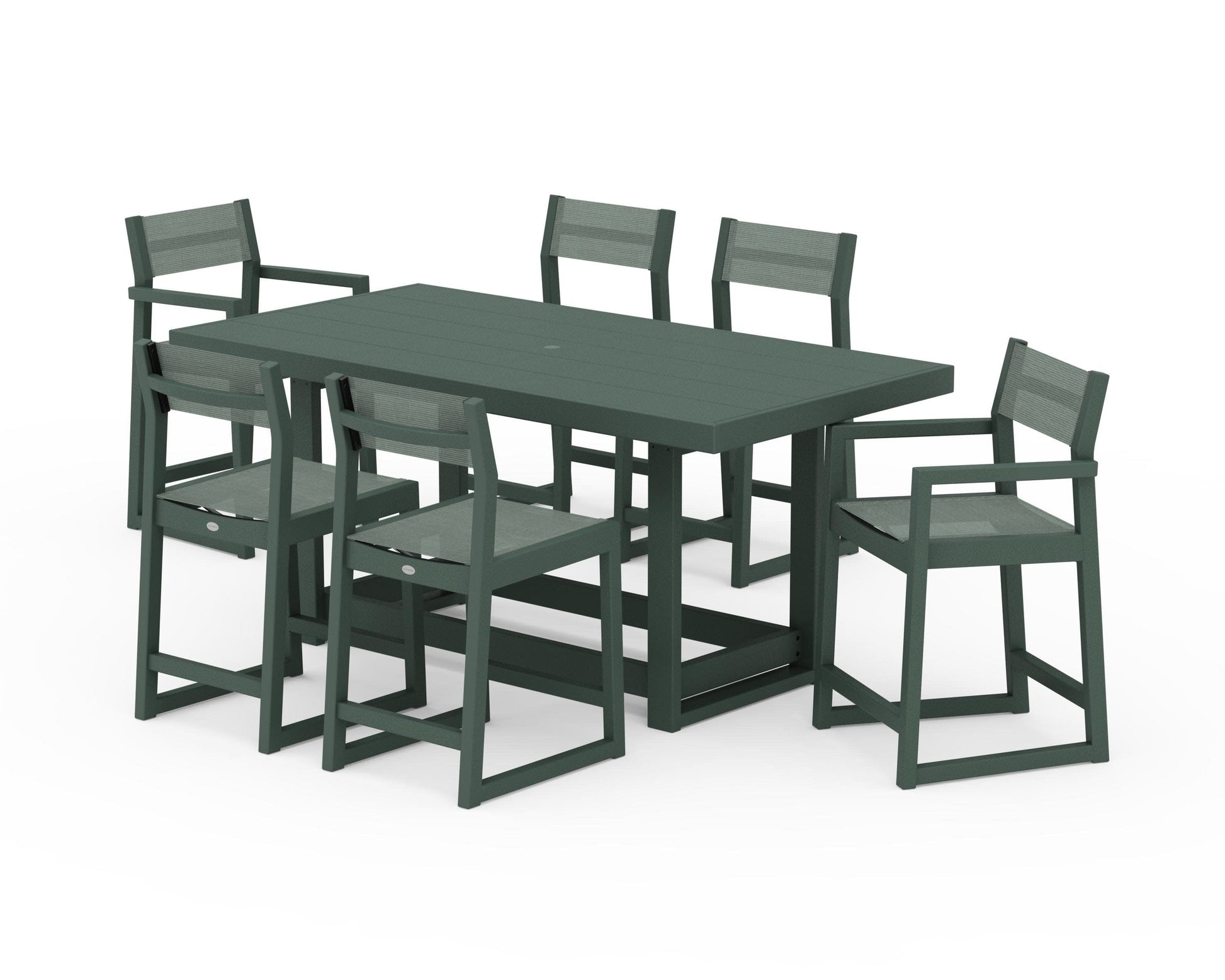 POLYWOOD EDGE Sling 7-Piece Counter Table Set — Green / Dupioni Sea Mist Sling
