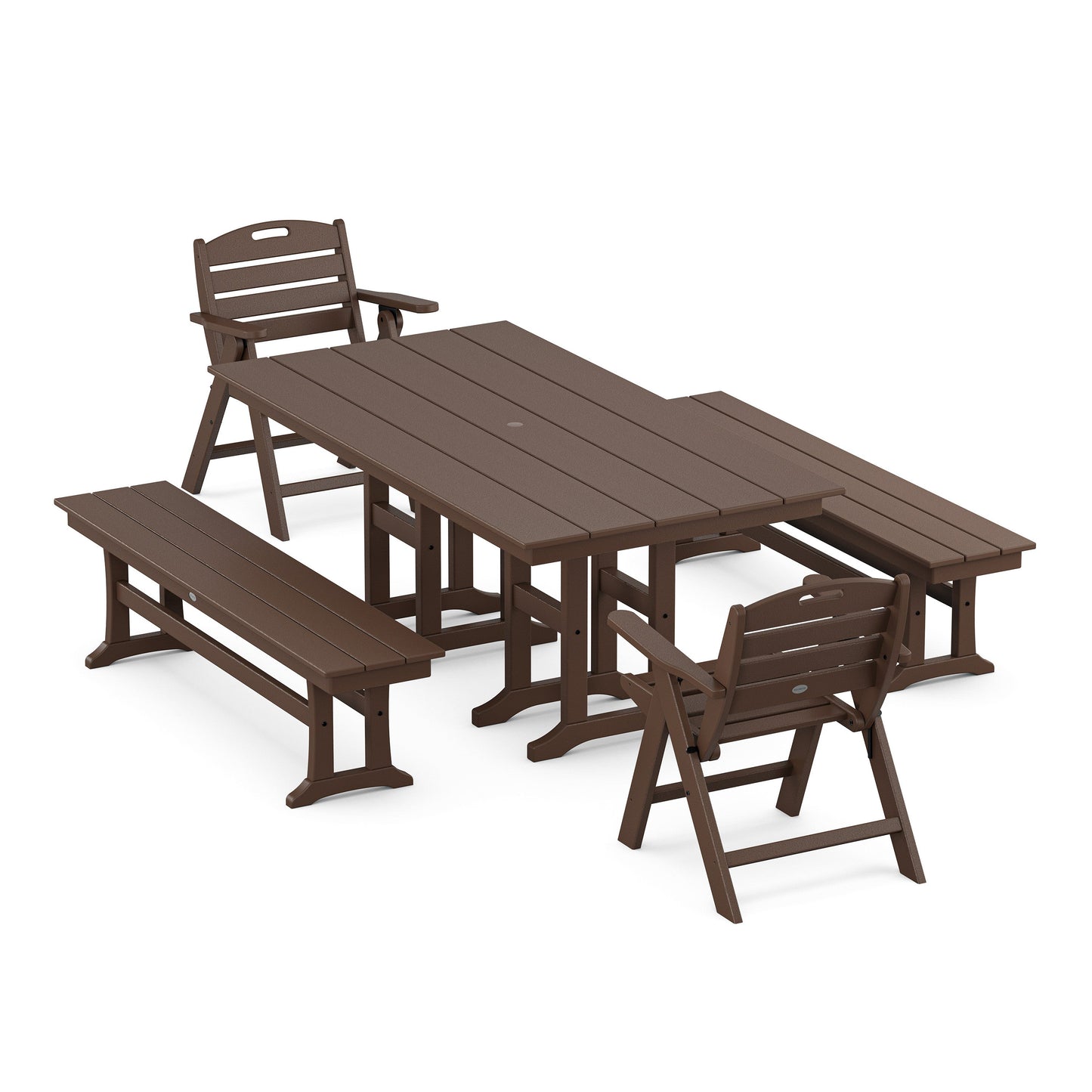 POLYWOOD Nautical Lowback 5-Piece Farmhouse Dining Set with Benches — Mahogany