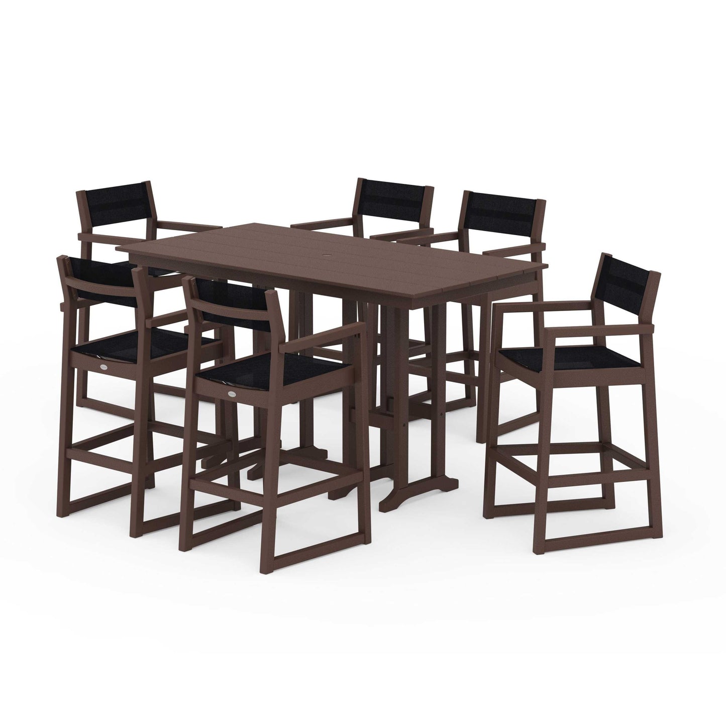 POLYWOOD EDGE Sling Arm Chair 7-Piece Farmhouse Bar Set — Mahogany / Black Sling
