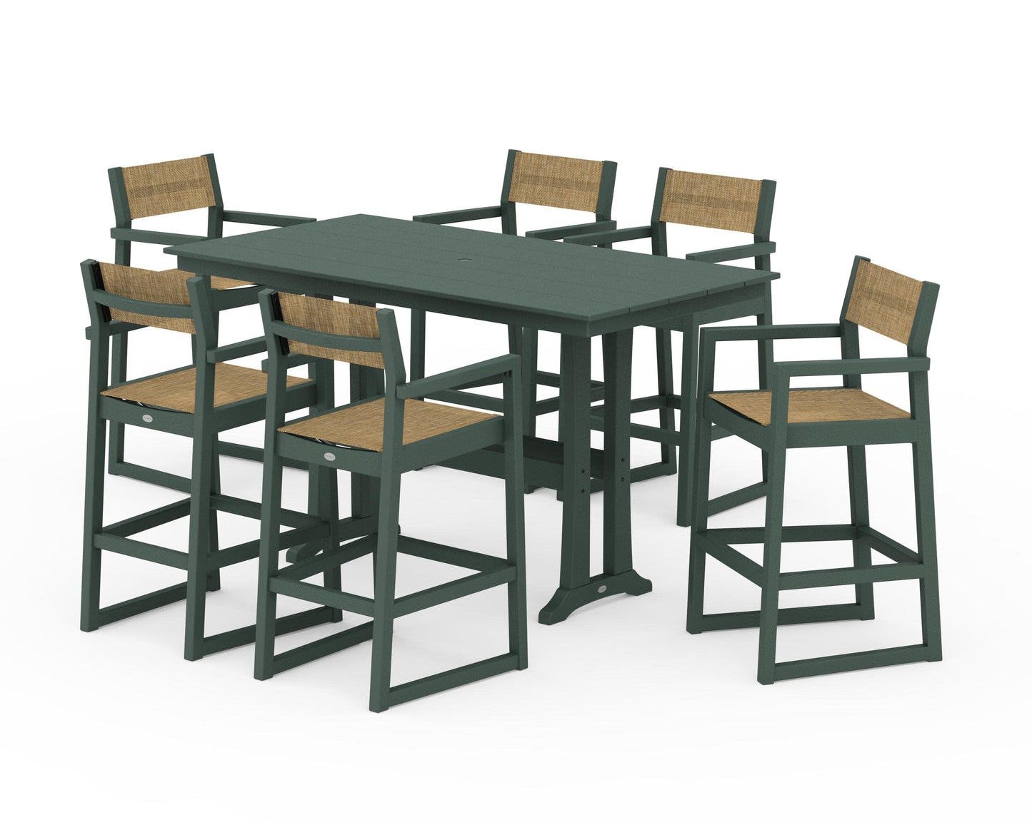 POLYWOOD EDGE Sling Arm Chair 7-Piece Farmhouse Bar Set with Trestle Legs — Green / Burlap Sling