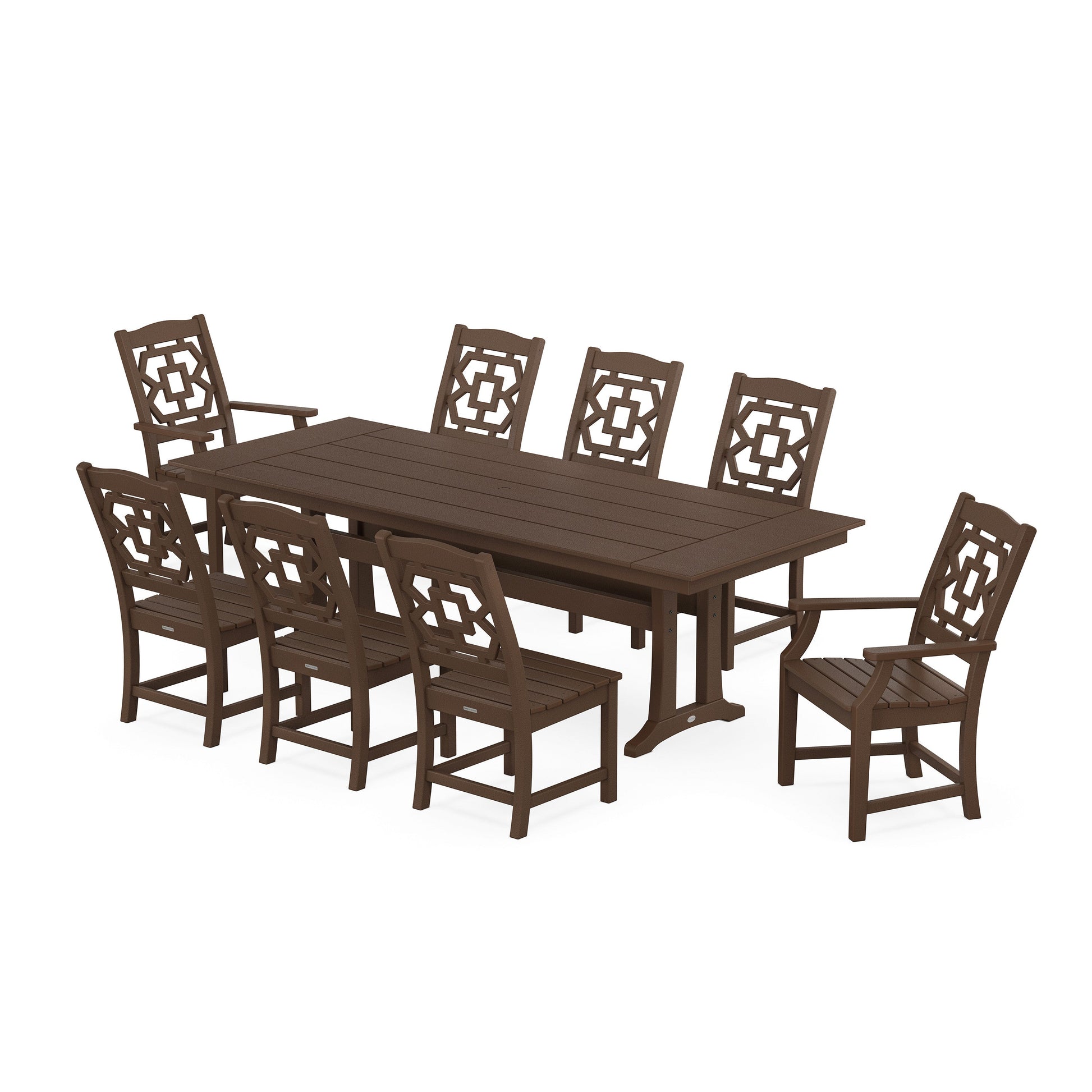 POLYWOOD Chinoiserie 9-Piece Farmhouse Dining Set with Trestle Legs — Mahogany