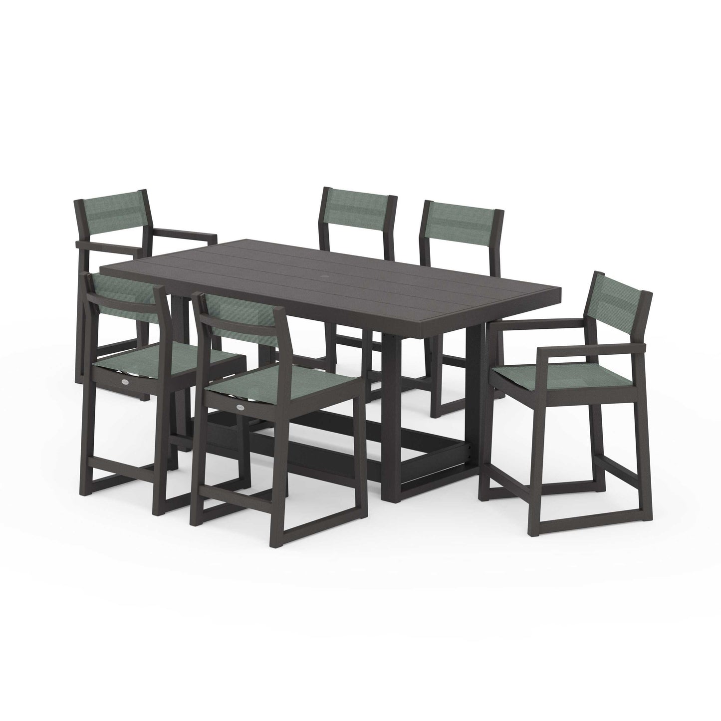 POLYWOOD EDGE Sling 7-Piece Counter Table Set — Vintage Coffee / Dupioni Sea Mist Sling