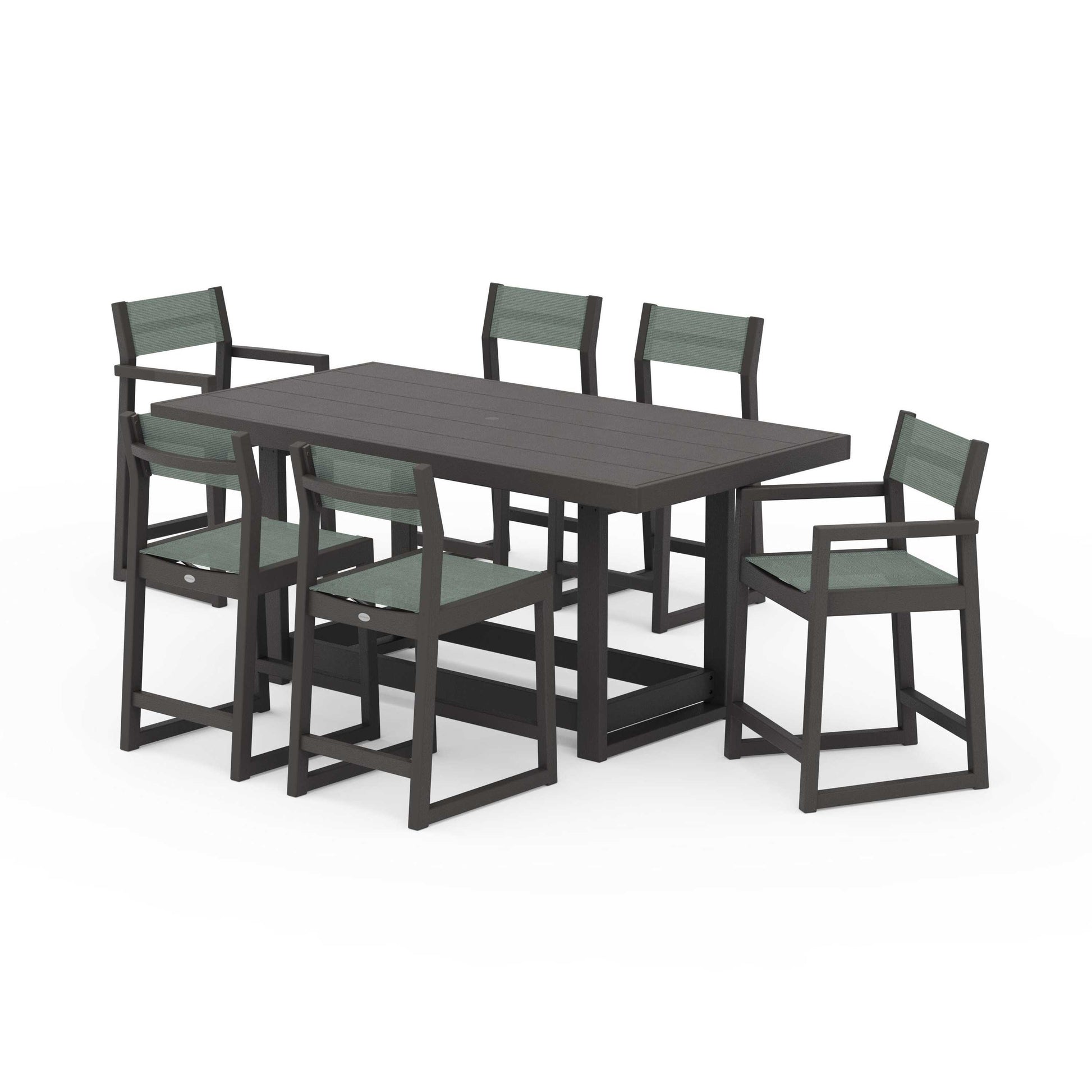 POLYWOOD EDGE Sling 7-Piece Counter Table Set — Vintage Coffee / Dupioni Sea Mist Sling