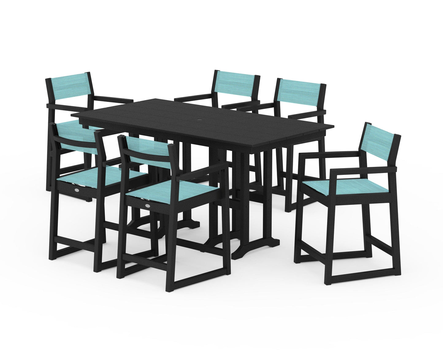POLYWOOD EDGE Sling Arm Chair 7-Piece Farmhouse Counter Set — Black / Dupioni Aquamarine Sling