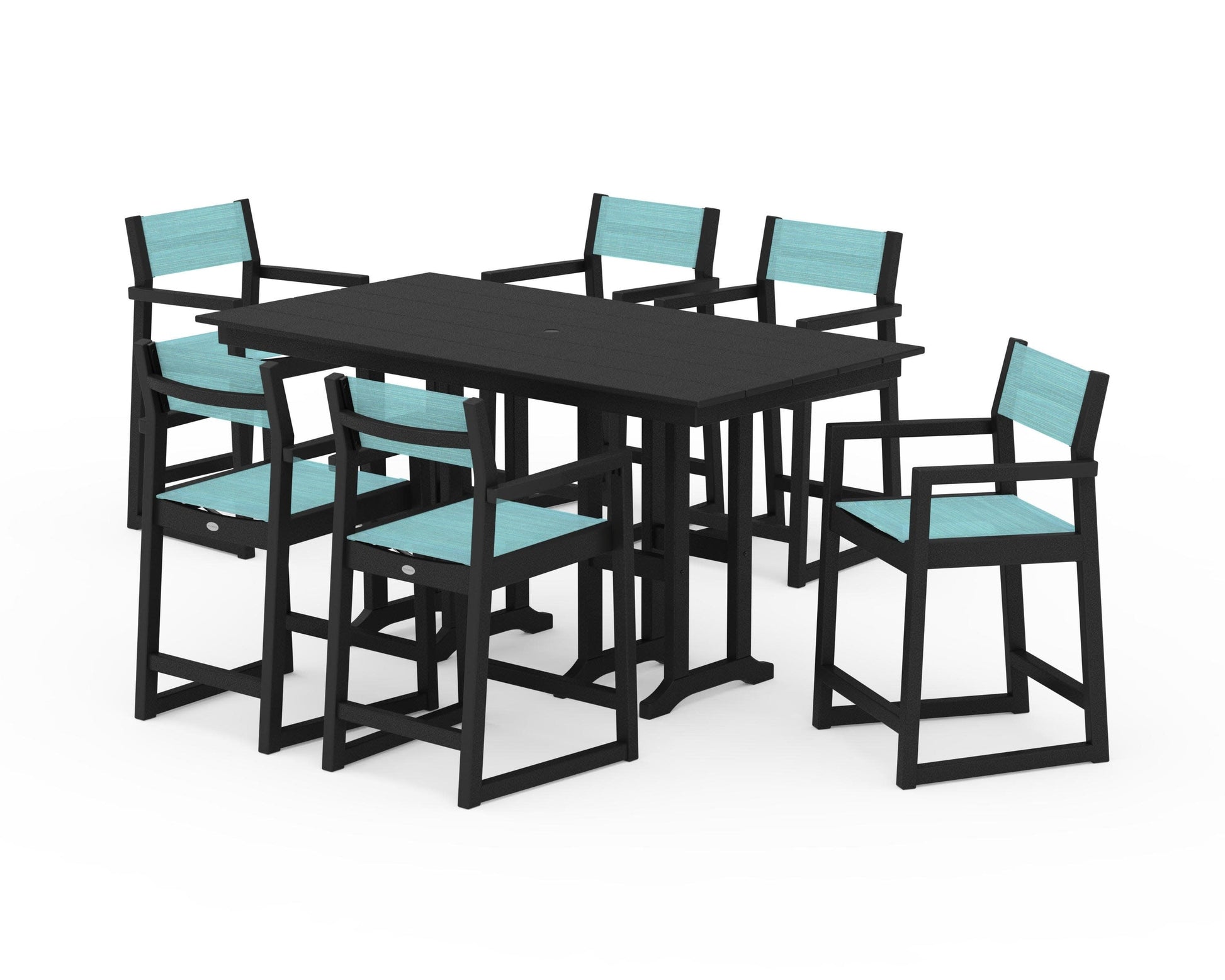 POLYWOOD EDGE Sling Arm Chair 7-Piece Farmhouse Counter Set — Black / Dupioni Aquamarine Sling