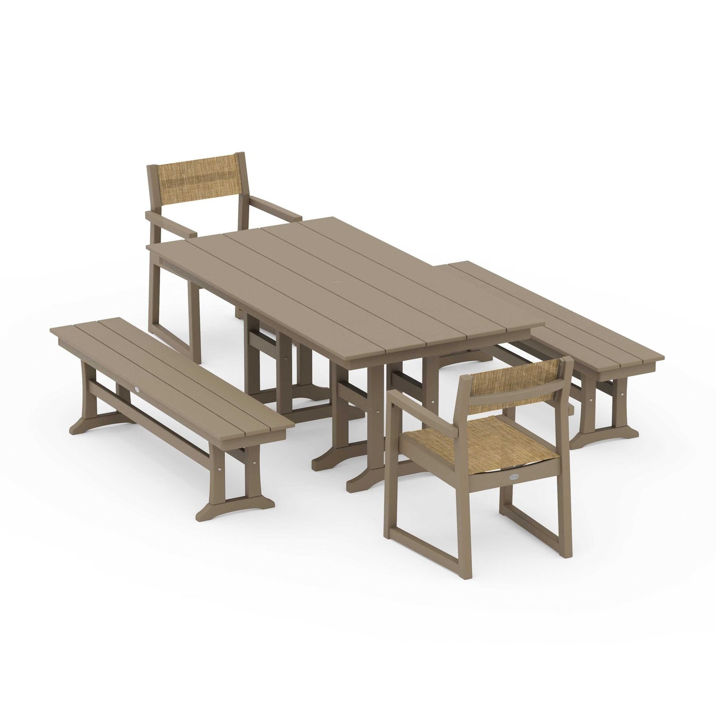 POLYWOOD EDGE Sling Arm Chair 5-Piece Farmhouse Dining Set with Benches — Vintage Sahara / Burlap Sling