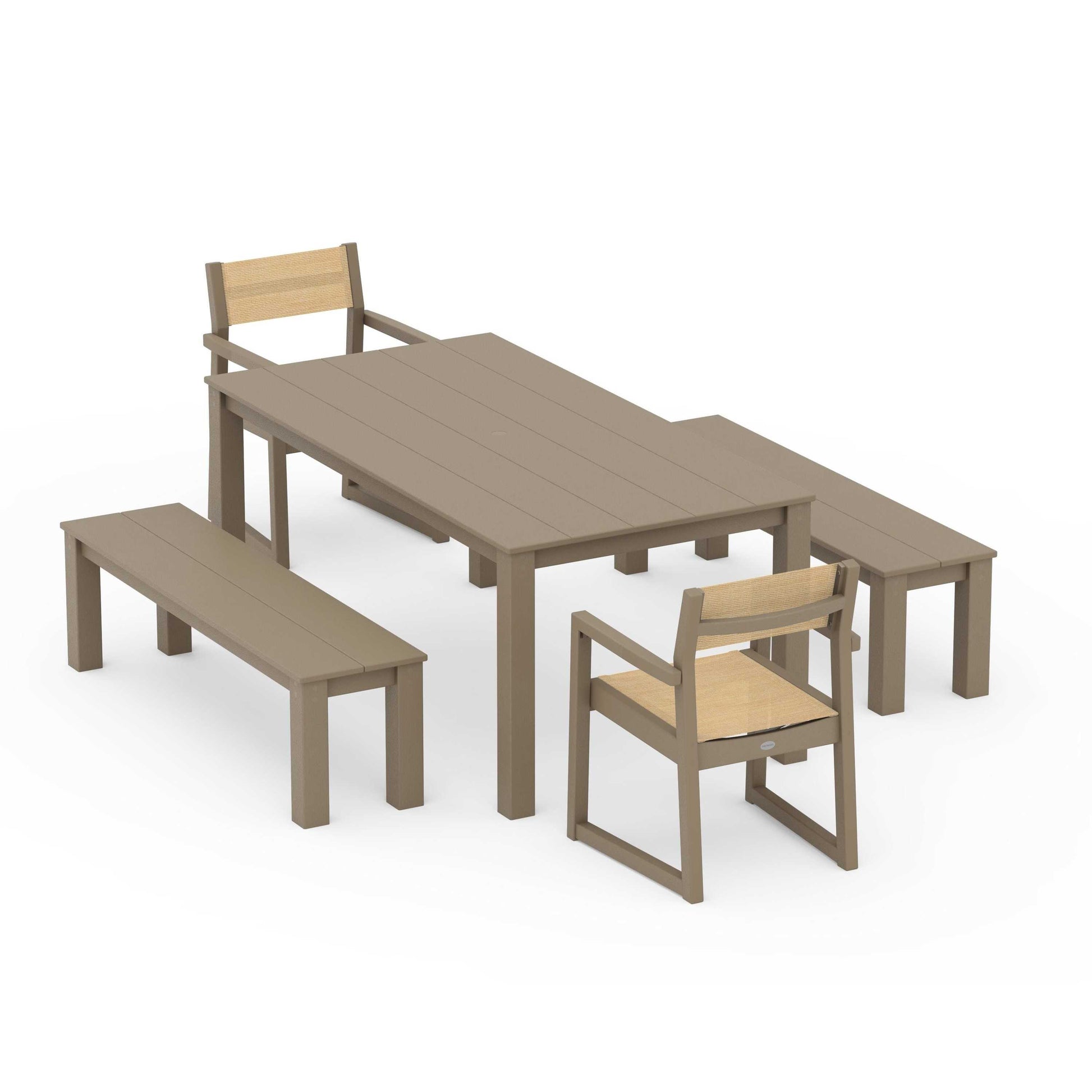 POLYWOOD EDGE Sling Arm Chair 5-Piece Parsons Dining Set with Benches — Vintage Sahara / Dupioni Apricot Sling