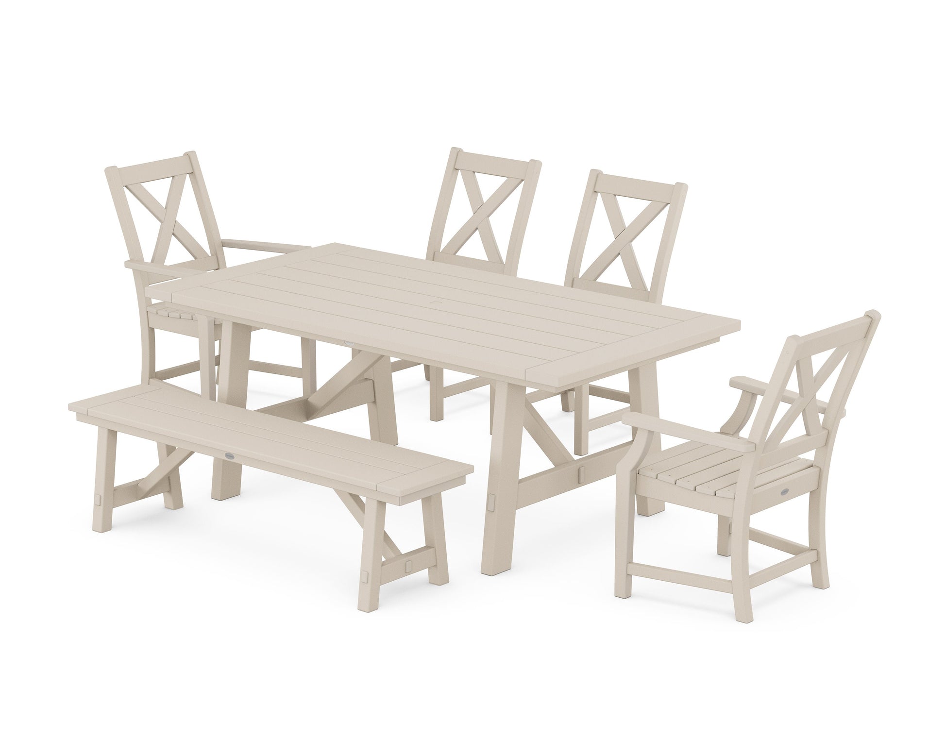 POLYWOOD Braxton 6-Piece Rustic Farmhouse Dining Set With Trestle Legs — Sand