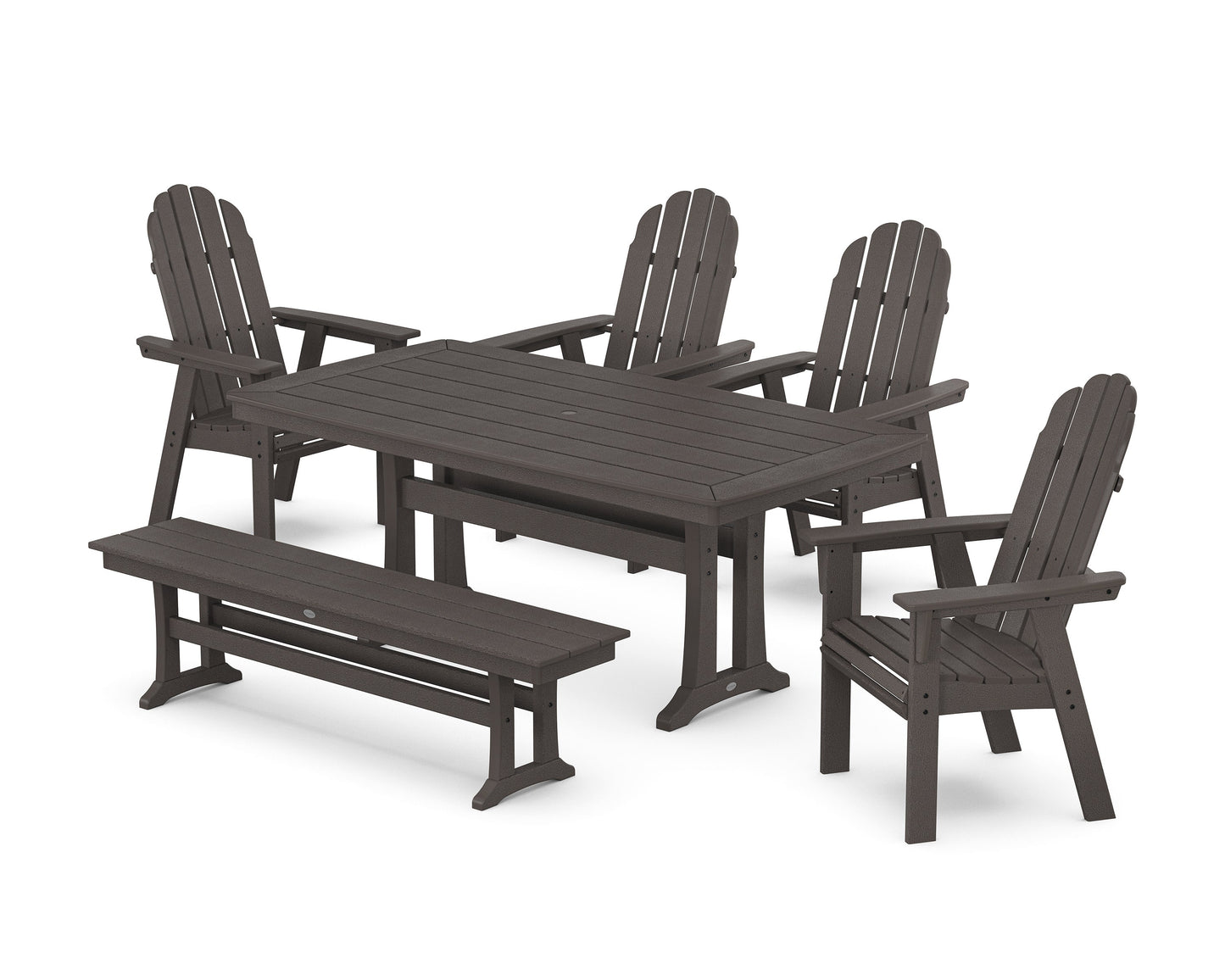 POLYWOOD Vineyard Curveback Adirondack Chair 6-Piece Dining Set with Trestle Legs and Bench — Vintage Coffee
