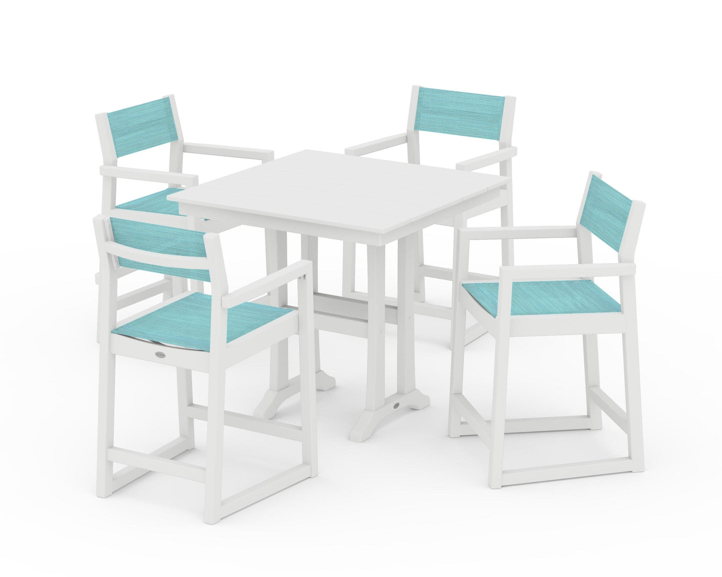 POLYWOOD EDGE Sling Arm Chair 5-Piece Farmhouse Counter Set with Trestle Legs — White / Dupioni Aquamarine Sling