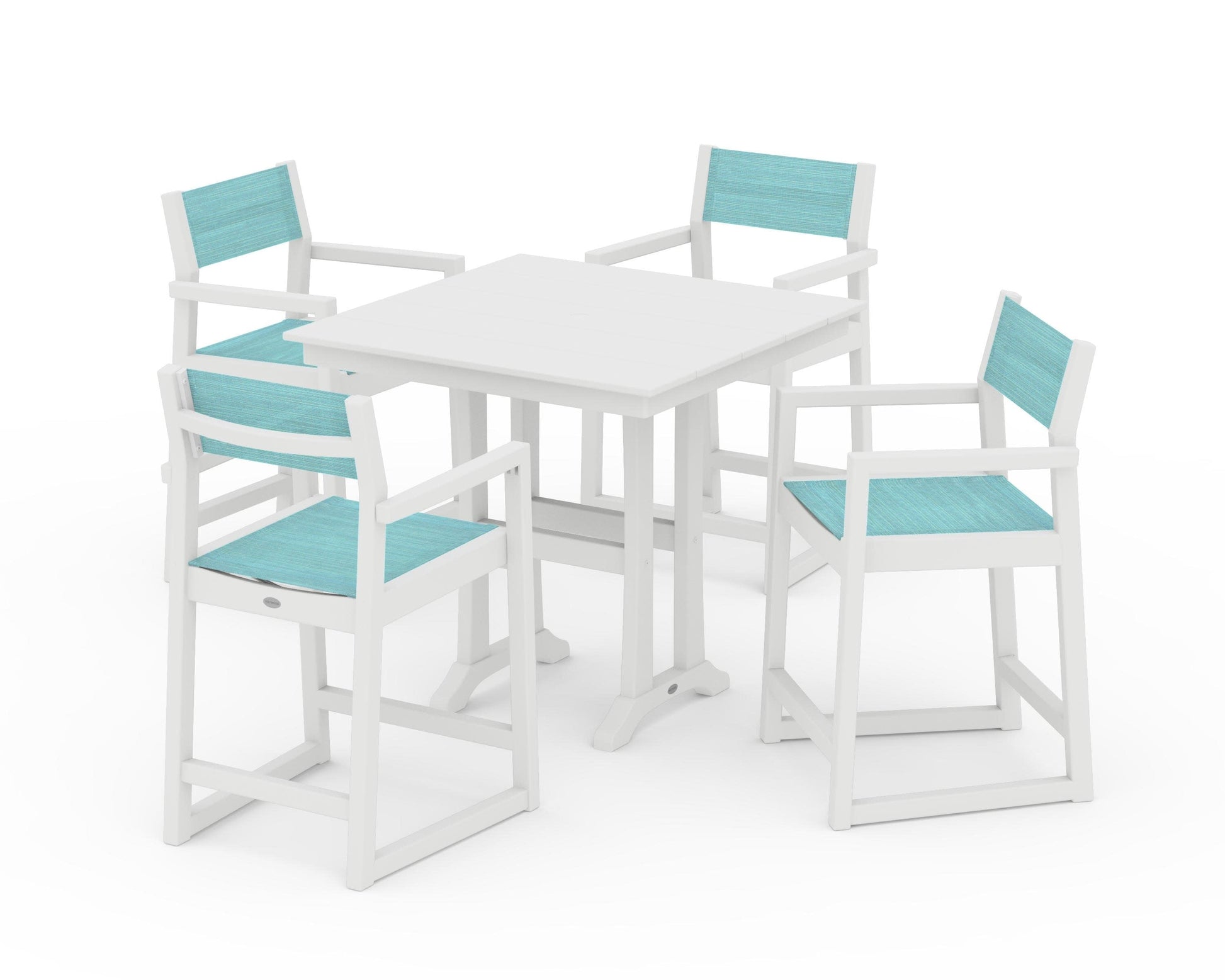 POLYWOOD EDGE Sling Arm Chair 5-Piece Farmhouse Counter Set with Trestle Legs — White / Dupioni Aquamarine Sling