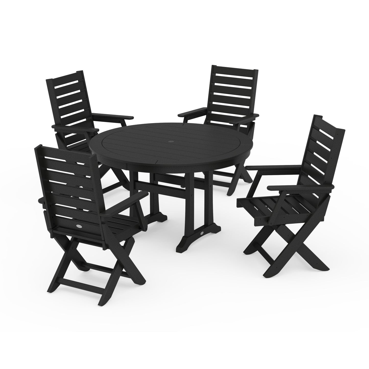 POLYWOOD Captain Folding Chair 5-Piece Round Dining Set with Trestle Legs — Black