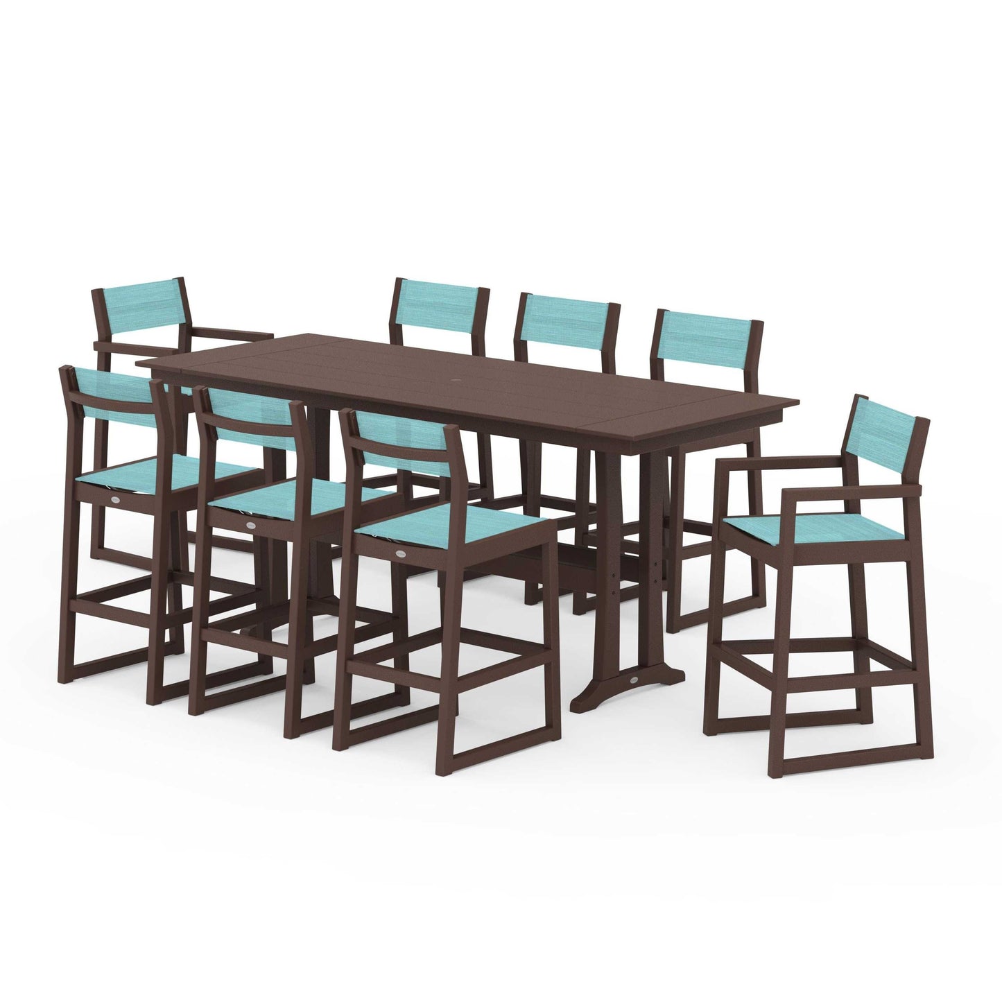 POLYWOOD EDGE Sling 9-Piece Farmhouse Bar Set with Trestle Legs — Mahogany / Dupioni Aquamarine Sling