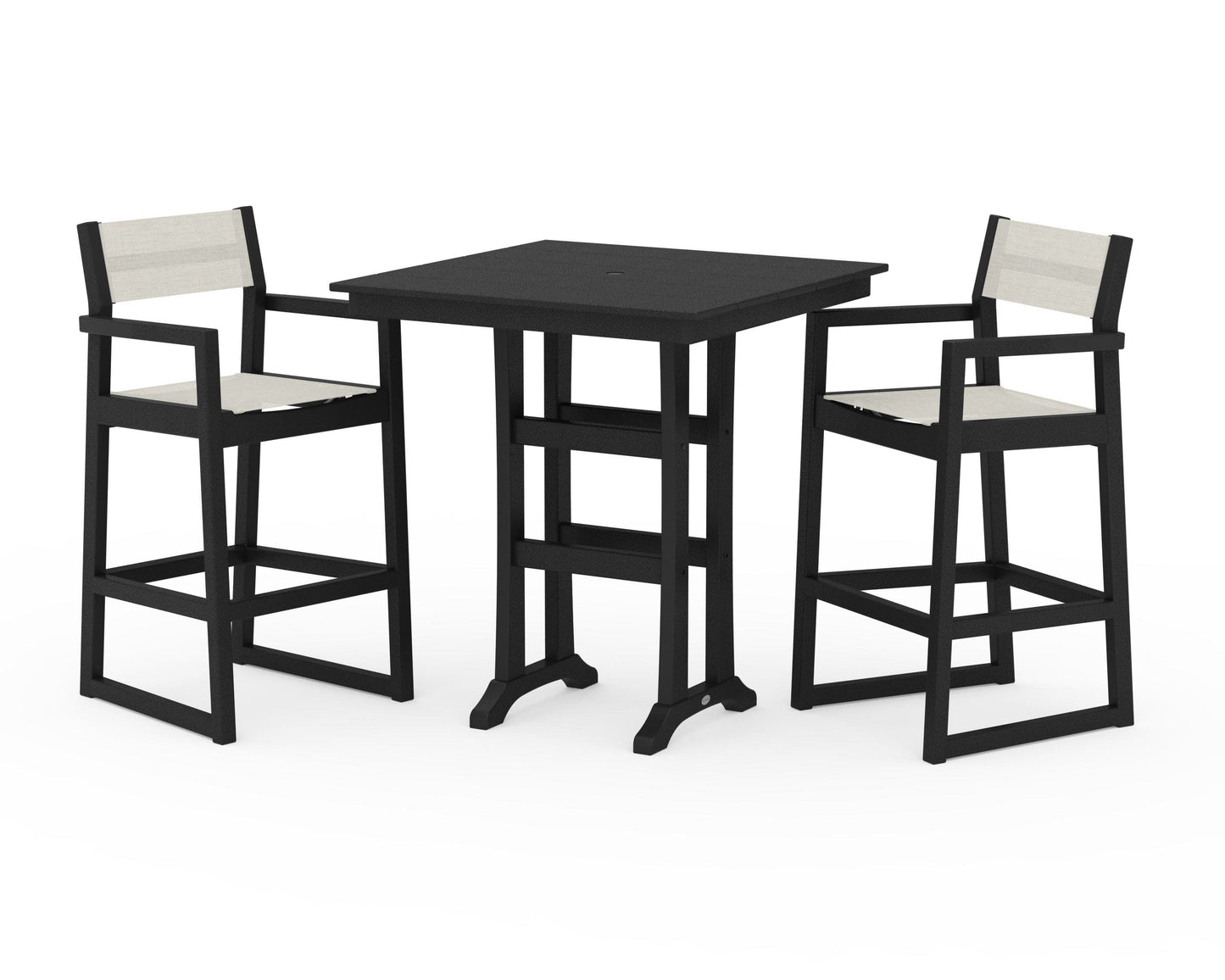 POLYWOOD EDGE Sling Arm Chair 3-Piece Farmhouse Bar Set with Trestle Legs — Black / Parchment Sling