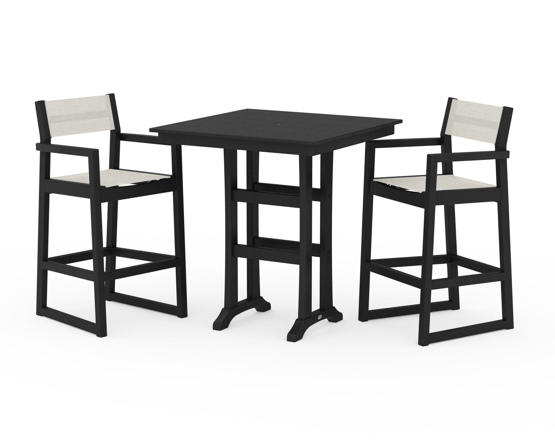 POLYWOOD EDGE Sling Arm Chair 3-Piece Farmhouse Bar Set with Trestle Legs — Black / Parchment Sling