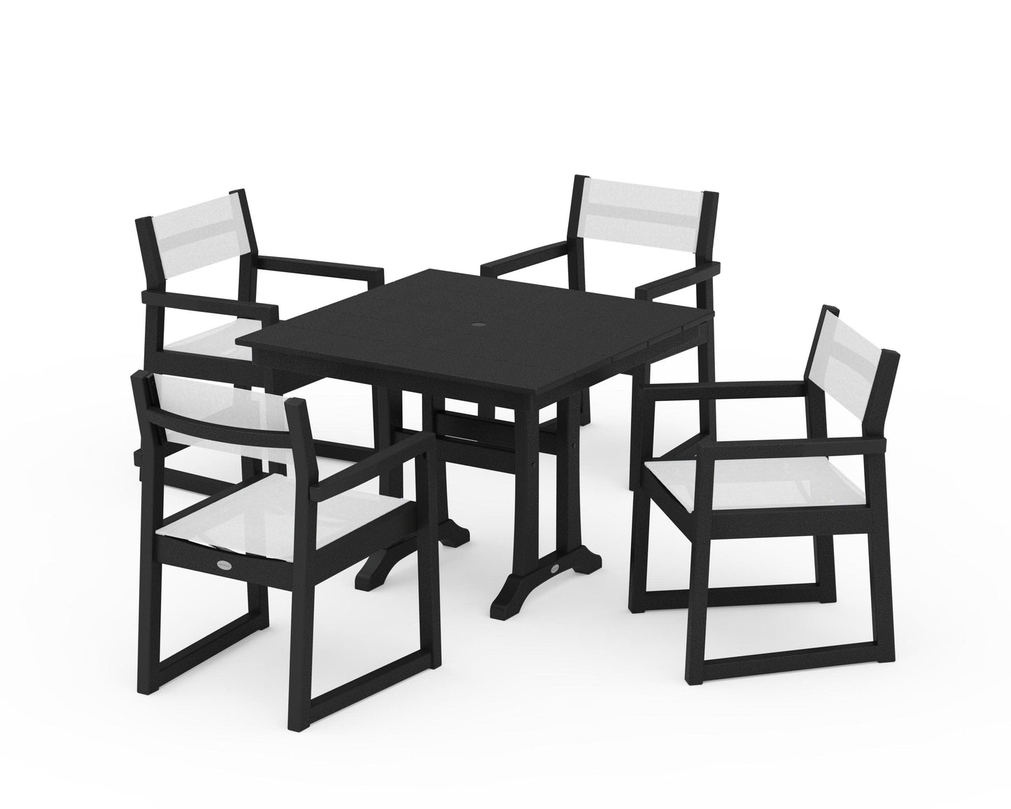 POLYWOOD EDGE Sling 5-Piece Farmhouse Dining Set with Trestle Legs — Black / White Sling