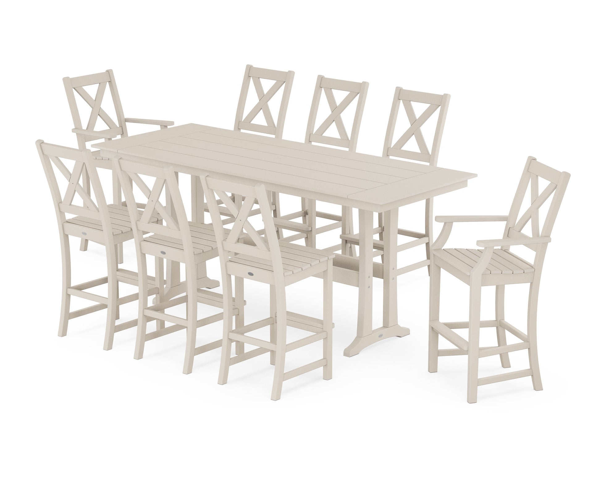 POLYWOOD Braxton 9-Piece Farmhouse Bar Set with Trestle Legs — Sand
