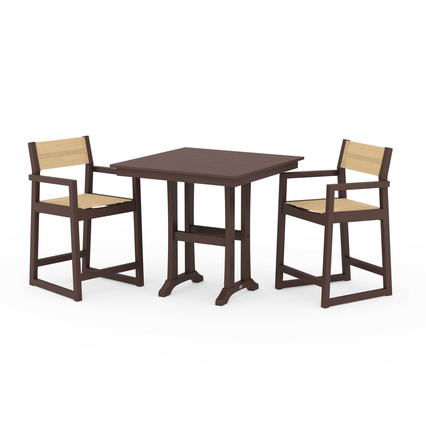 POLYWOOD EDGE Sling Arm Chair 3-Piece Farmhouse Counter Set with Trestle Legs — Mahogany / Dupioni Apricot Sling