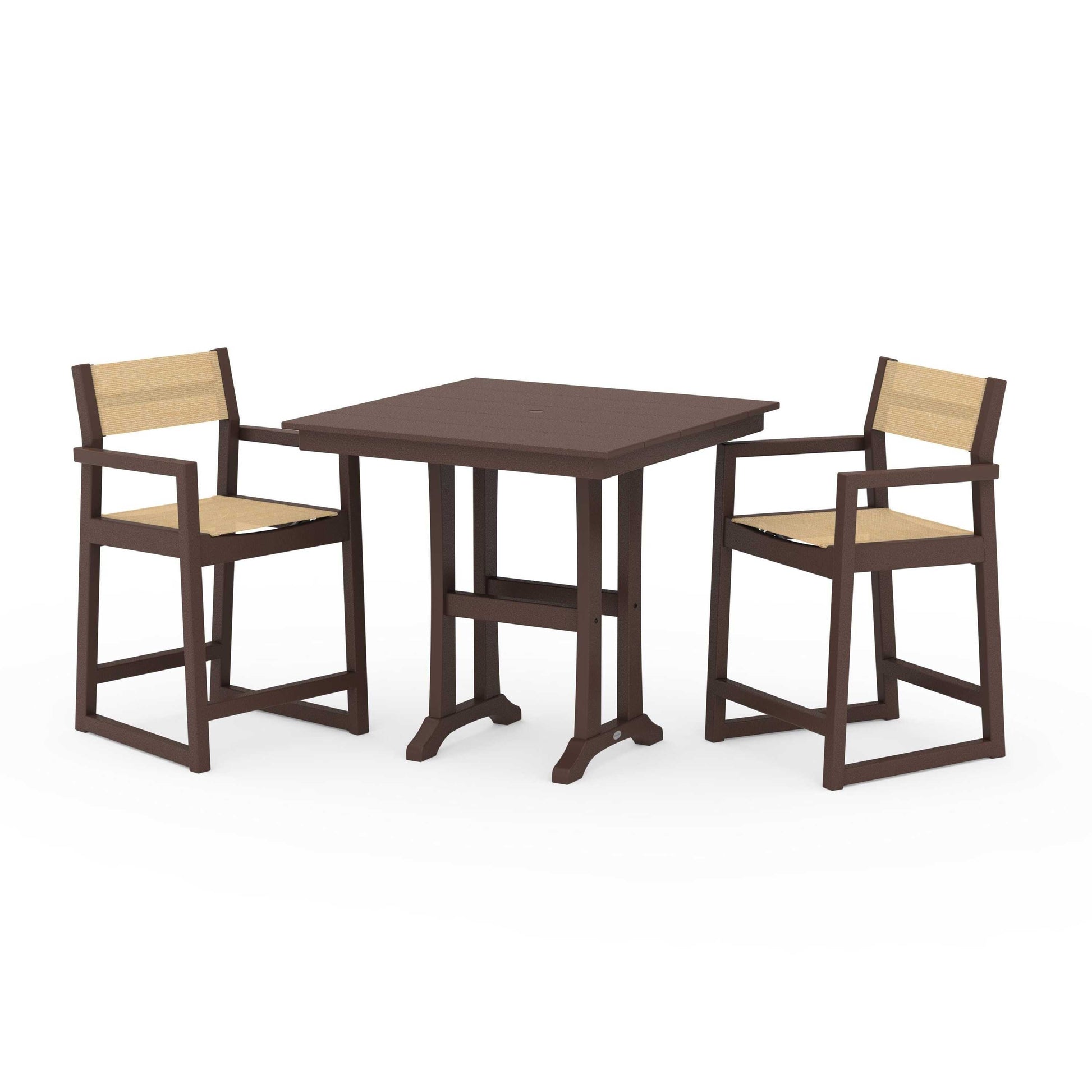 POLYWOOD EDGE Sling Arm Chair 3-Piece Farmhouse Counter Set with Trestle Legs — Mahogany / Dupioni Apricot Sling