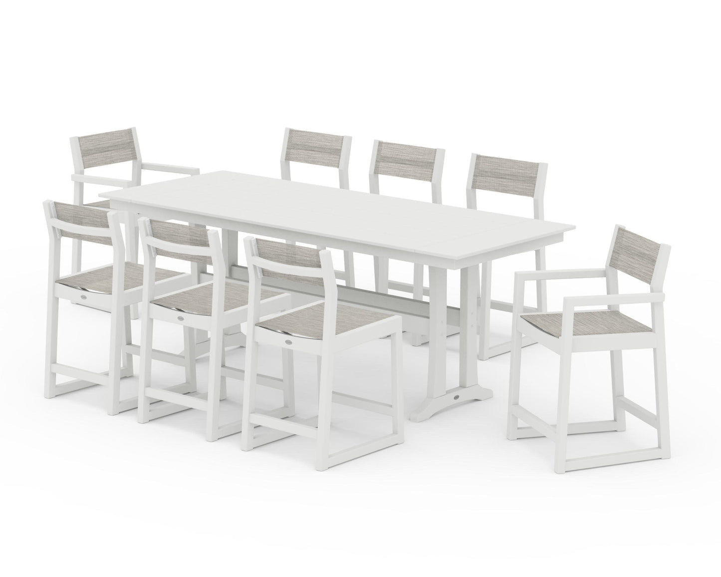 POLYWOOD EDGE Sling 9-Piece Farmhouse Counter Set with Trestle Legs — Vintage White / Birch Sling