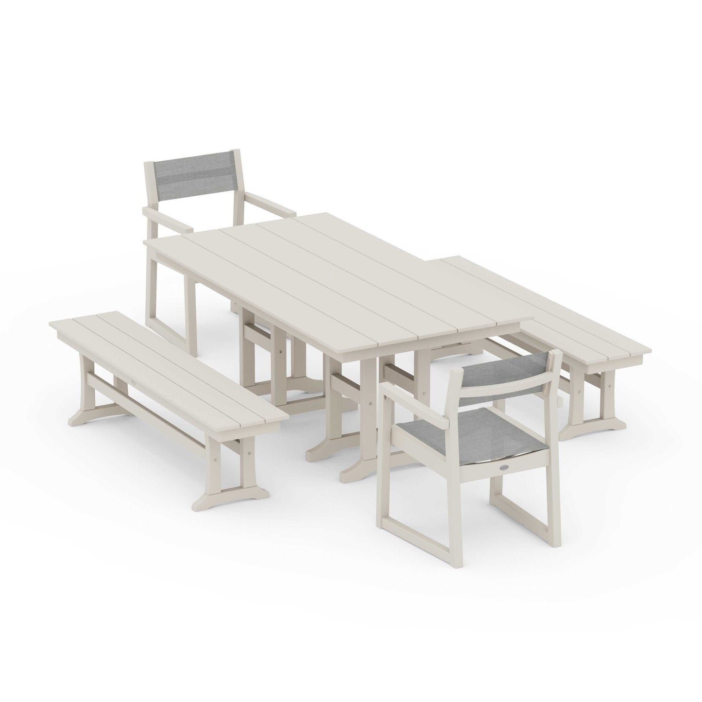 POLYWOOD EDGE Sling Arm Chair 5-Piece Farmhouse Dining Set with Benches — Sand / Metallic Sling
