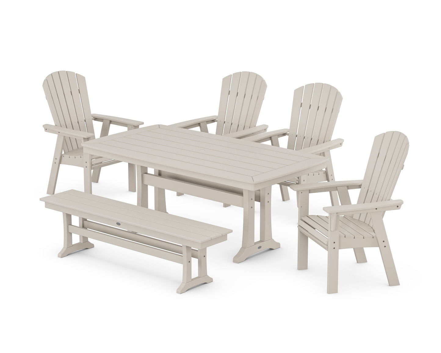 POLYWOOD Nautical Curveback Adirondack 6-Piece Dining Set with Trestle Legs and Bench — Sand