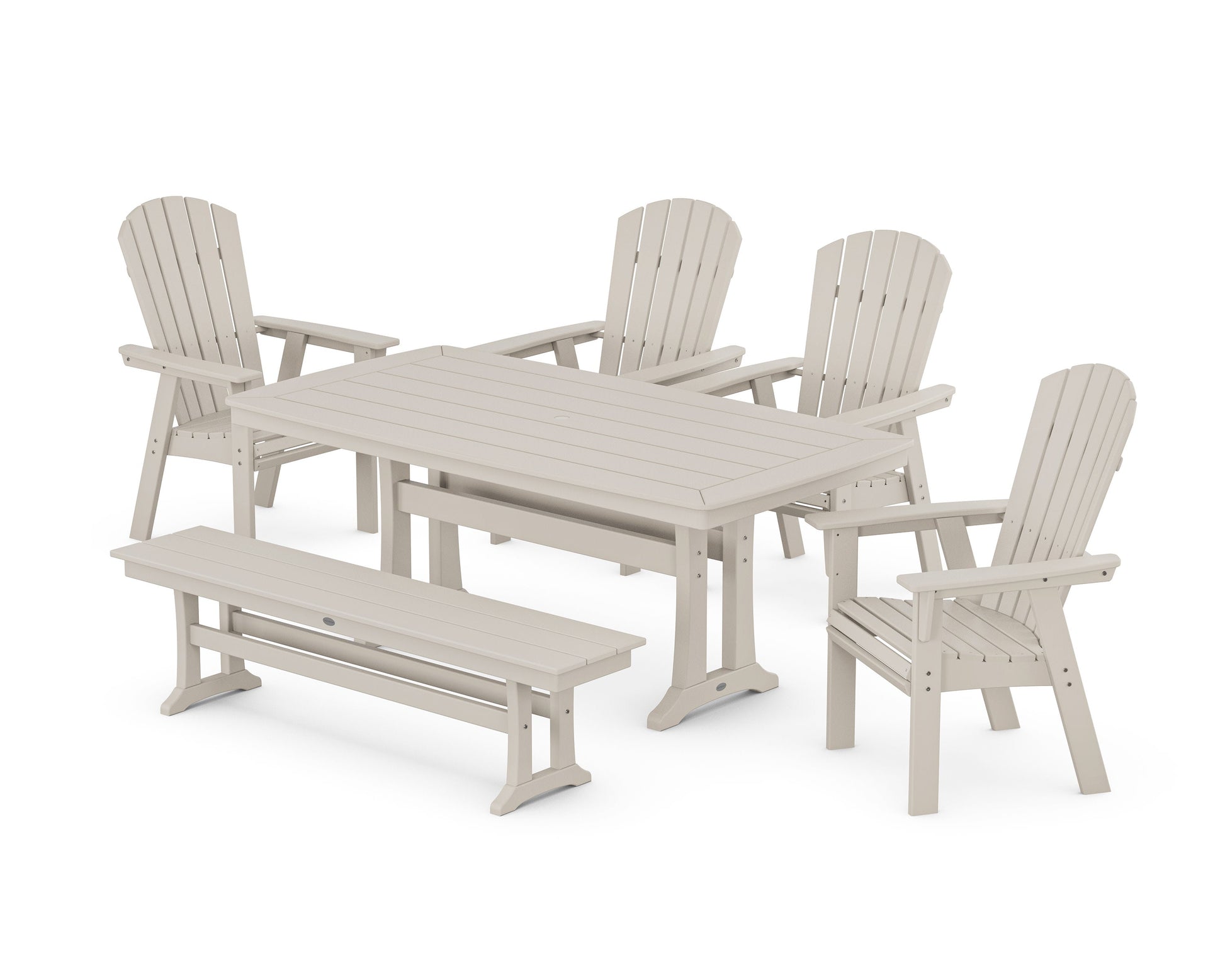 POLYWOOD Nautical Curveback Adirondack 6-Piece Dining Set with Trestle Legs and Bench — Sand