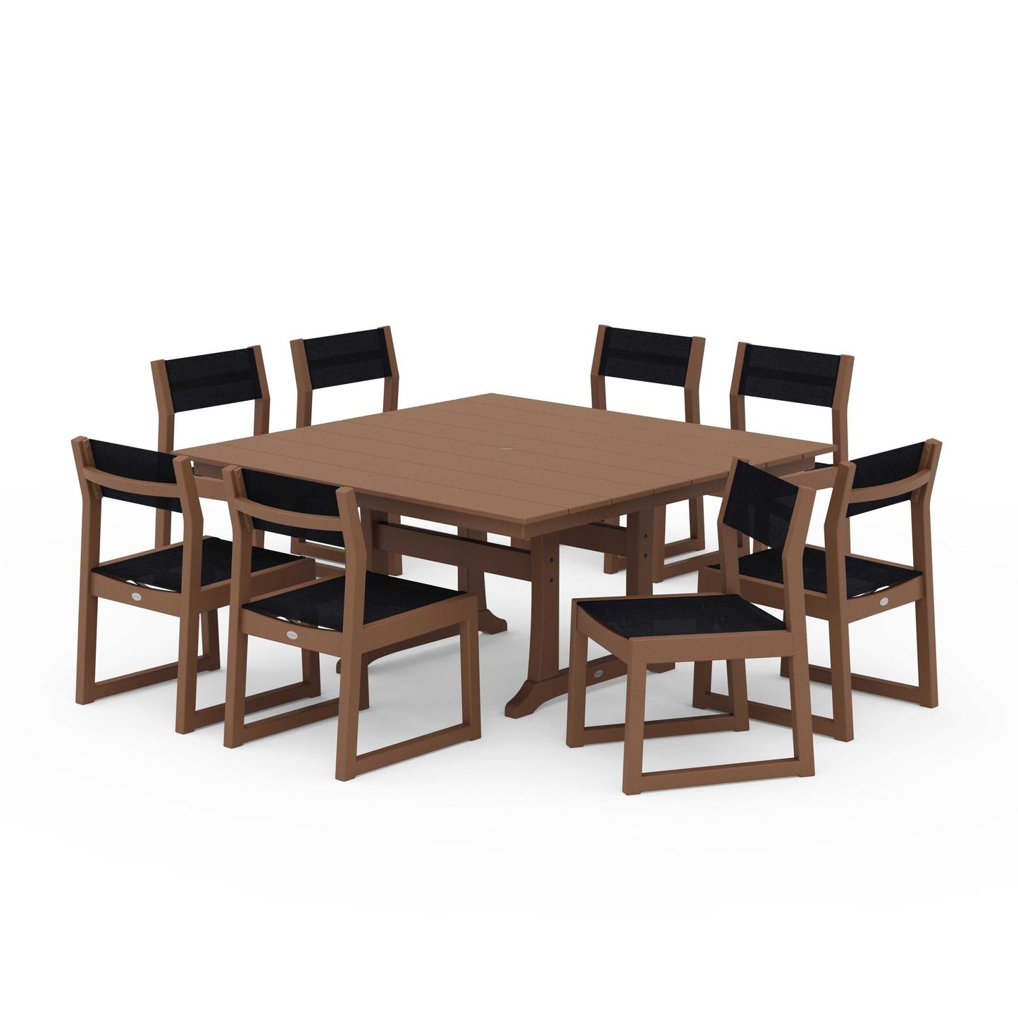 POLYWOOD EDGE Sling Side Chair 9-Piece Farmhouse Trestle Dining Set — Teak / Black Sling