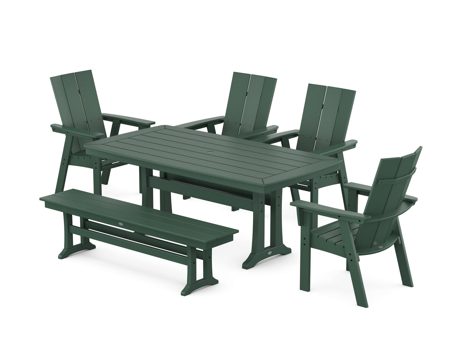 POLYWOOD Modern Curveback Adirondack 6-Piece Farmhouse Dining Set with Trestle Legs and Bench — Green
