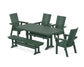 POLYWOOD Modern Curveback Adirondack 6-Piece Farmhouse Dining Set with Trestle Legs and Bench — Green