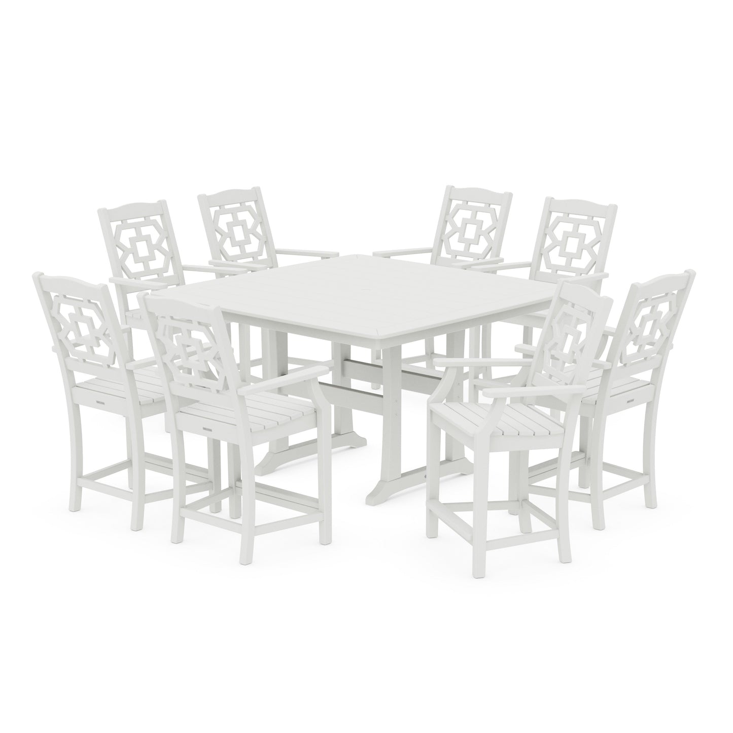 POLYWOOD Chinoiserie 9-Piece Square Counter Set with Trestle Legs — Vintage White