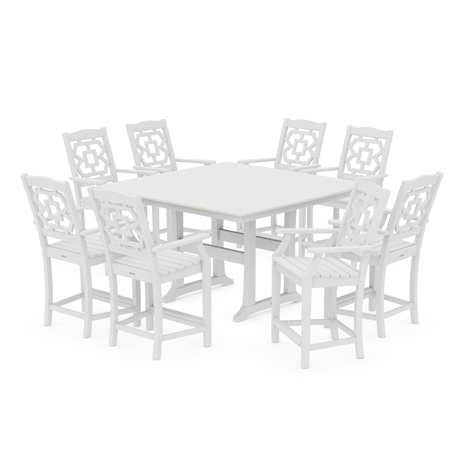 POLYWOOD Chinoiserie 9-Piece Square Counter Set with Trestle Legs — Vintage White