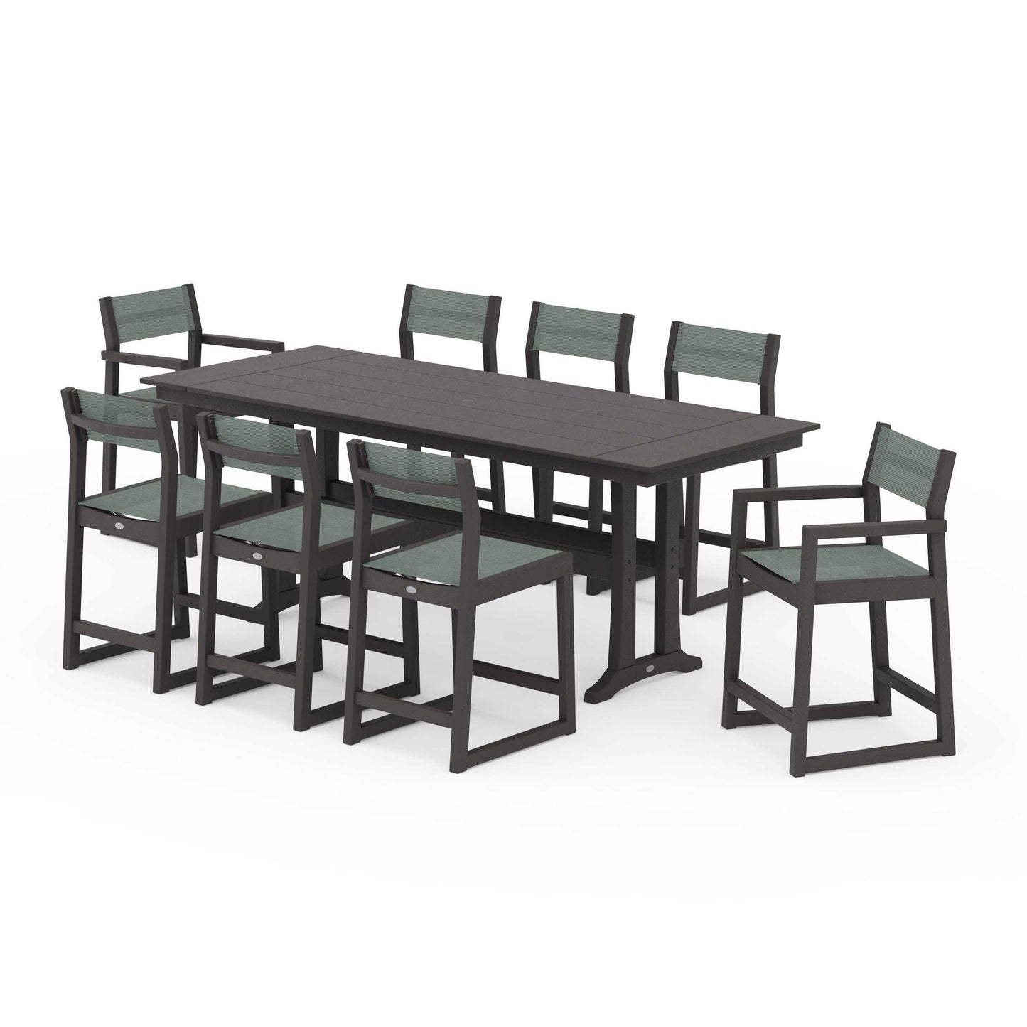 POLYWOOD EDGE Sling 9-Piece Farmhouse Counter Set with Trestle Legs — Vintage Coffee / Dupioni Sea Mist Sling