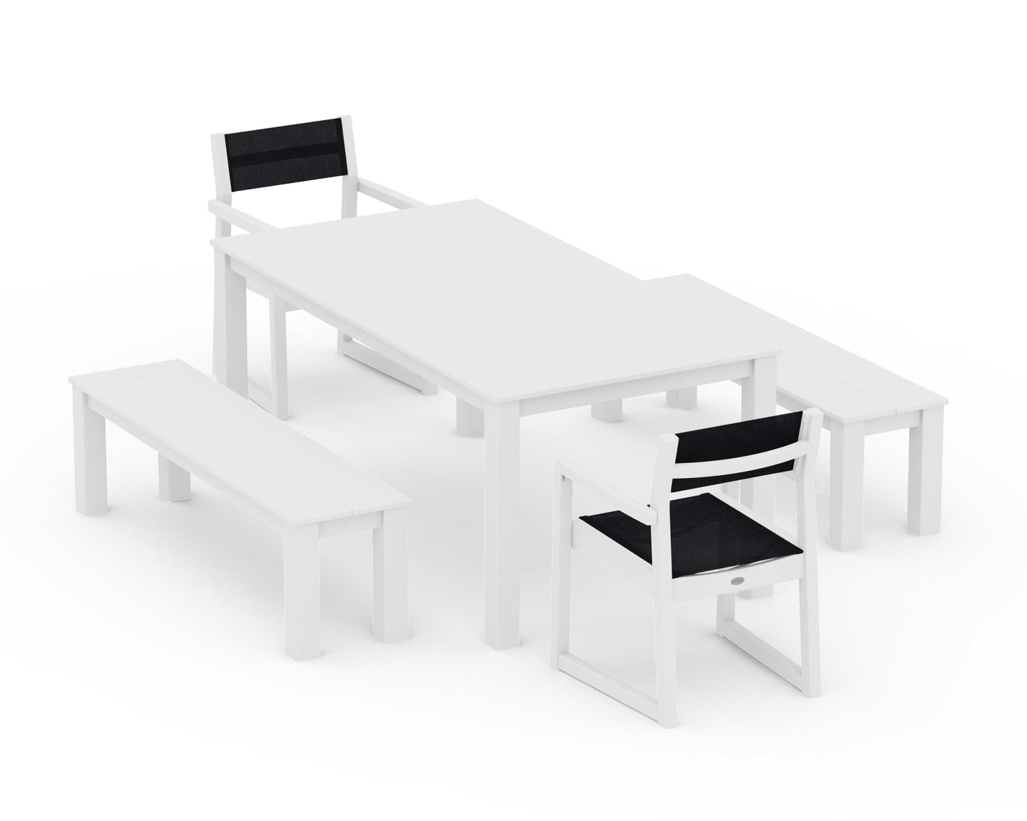POLYWOOD EDGE Sling Arm Chair 5-Piece Parsons Dining Set with Benches — White / Black Sling