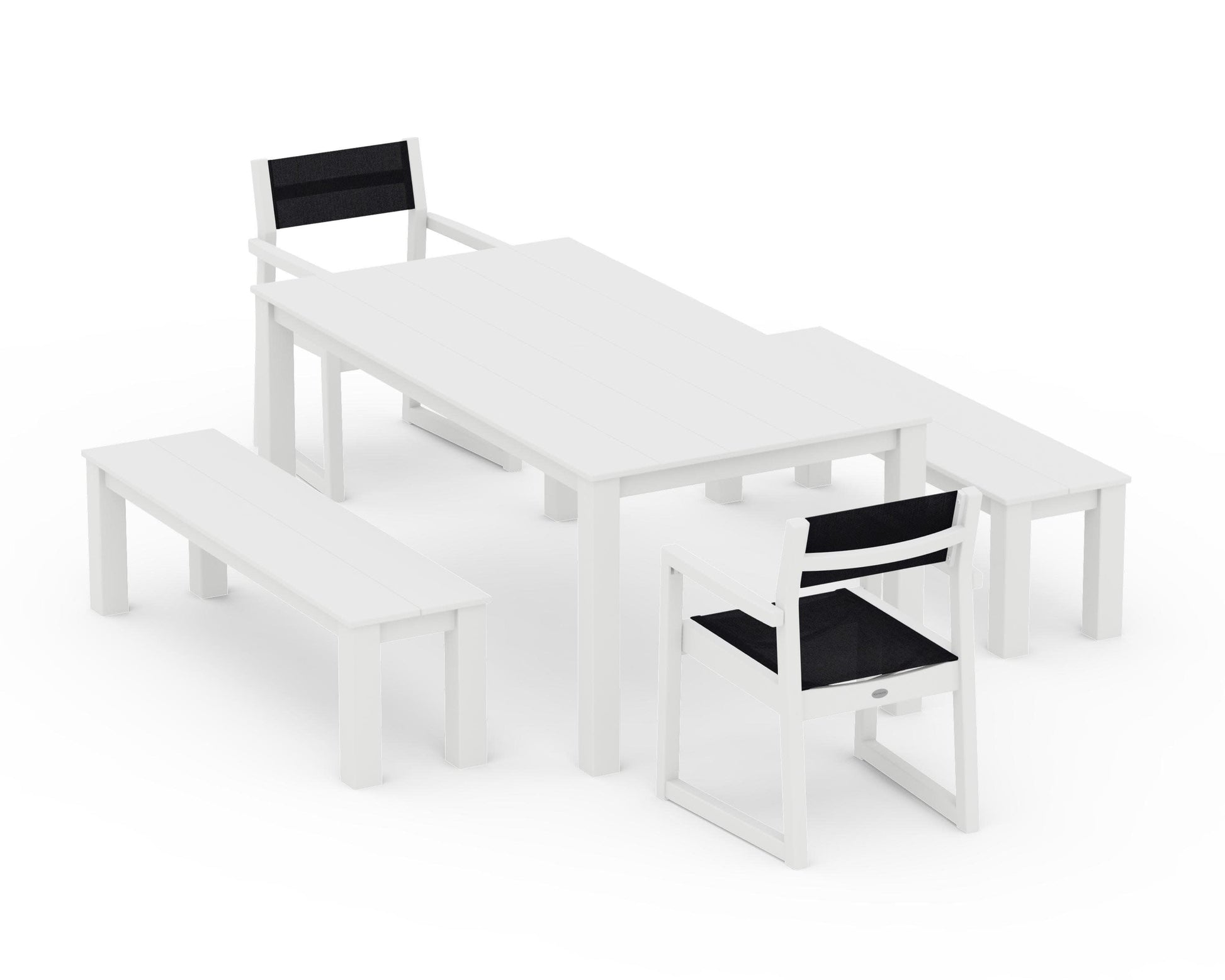 POLYWOOD EDGE Sling Arm Chair 5-Piece Parsons Dining Set with Benches — White / Black Sling