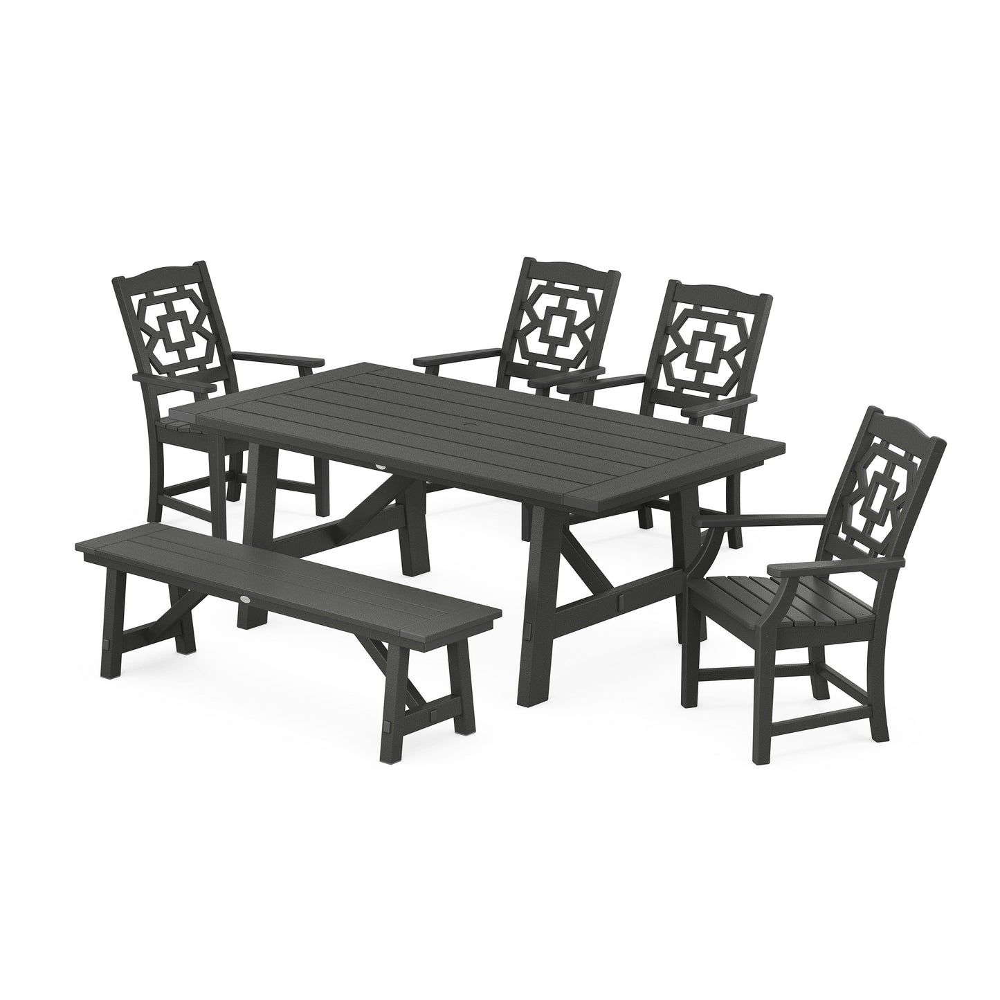 POLYWOOD Chinoiserie 6-Piece Rustic Farmhouse Dining Set with Bench — Black