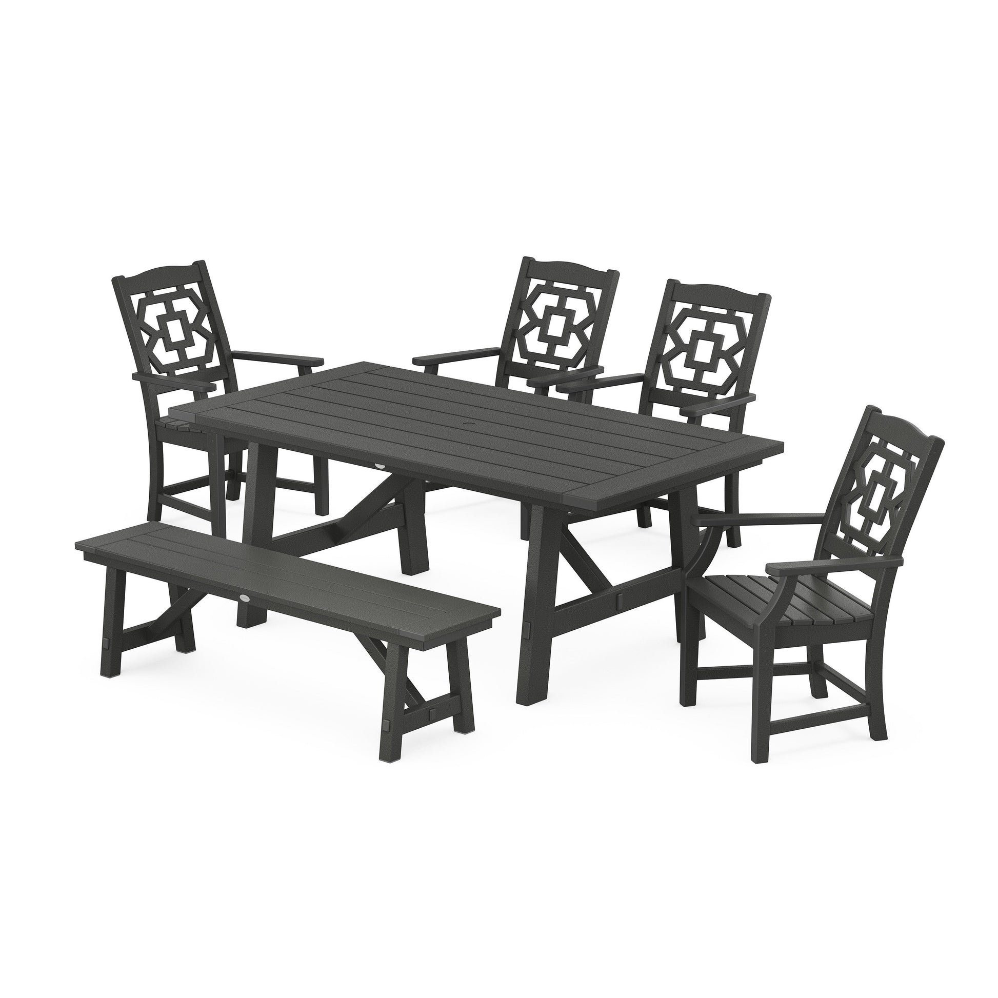 POLYWOOD Chinoiserie 6-Piece Rustic Farmhouse Dining Set with Bench — Black