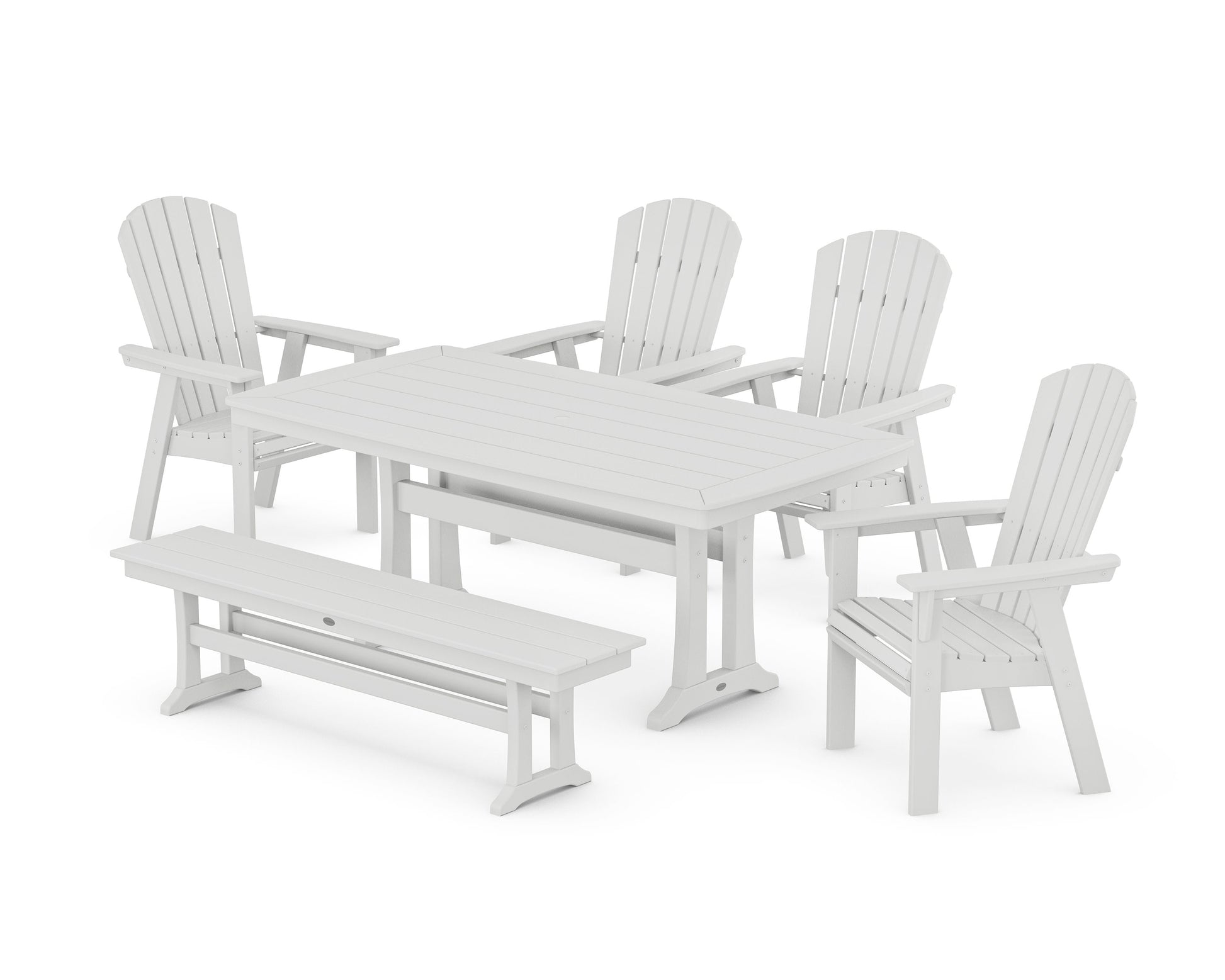 POLYWOOD Nautical Curveback Adirondack 6-Piece Dining Set with Trestle Legs and Bench — White