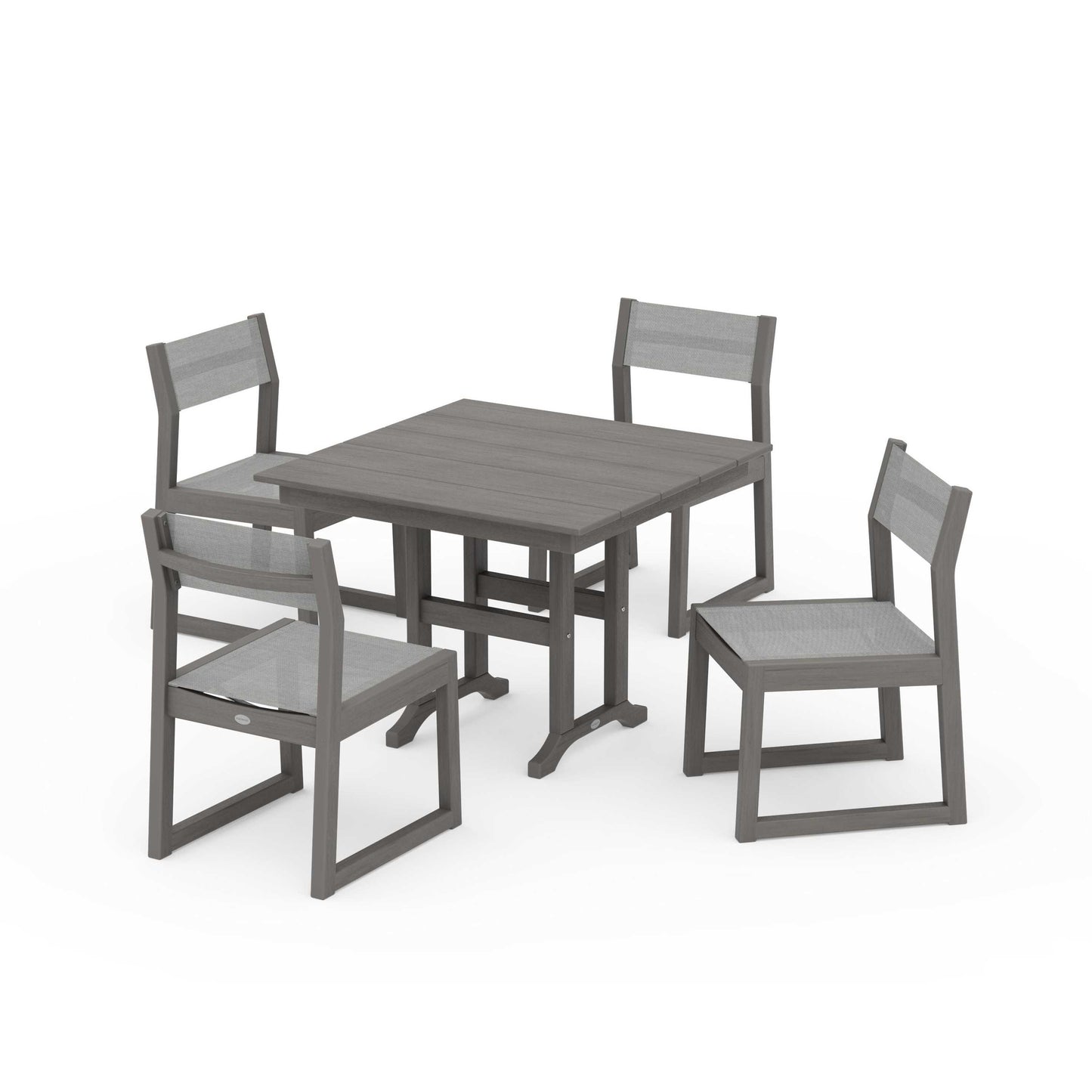 POLYWOOD EDGE Sling Side Chair 5-Piece Farmhouse Dining Set — Driftwood / Metallic Sling