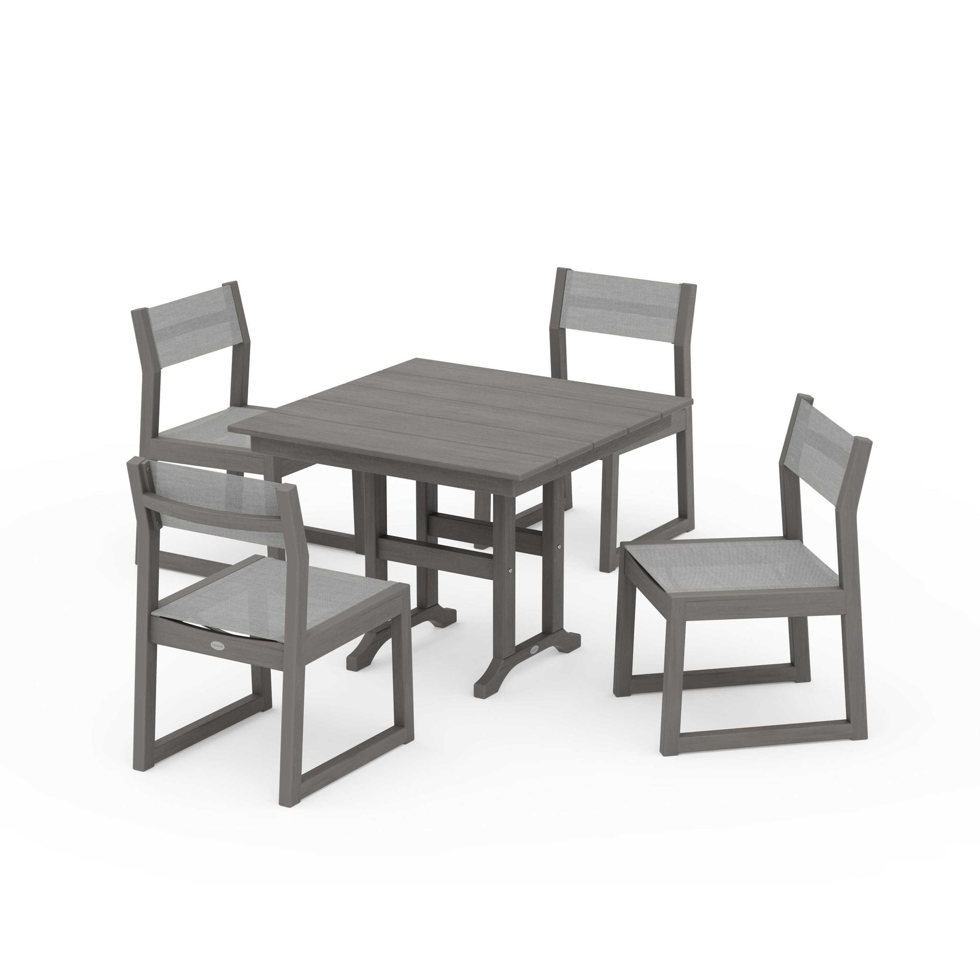 POLYWOOD EDGE Sling Side Chair 5-Piece Farmhouse Dining Set — Driftwood / Metallic Sling