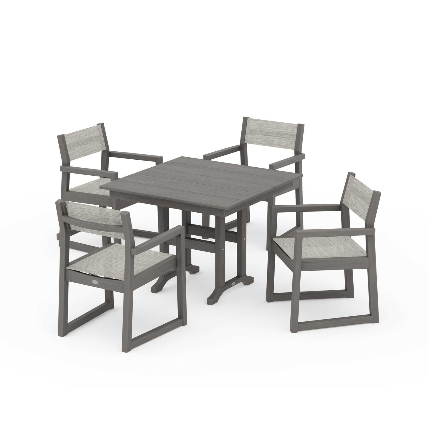 POLYWOOD EDGE Sling Arm Chair 5-Piece Farmhouse Dining Set — Driftwood / Birch Sling